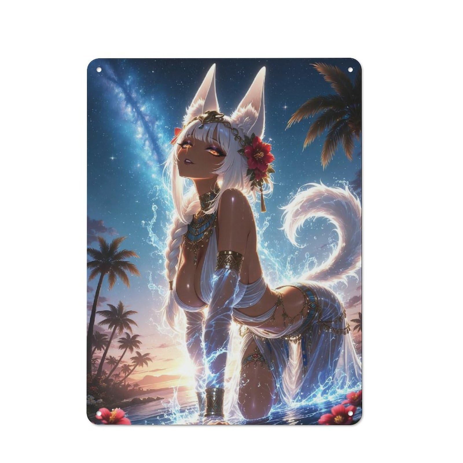 Junmoney Girls Style-12 Shed Style Decorative Metal Plaque 40X30cm Featuring Anthro Fox On Tropical Beach, Porch Wall Decor For Patio Bar, Workshop, Shed Or Kitchen