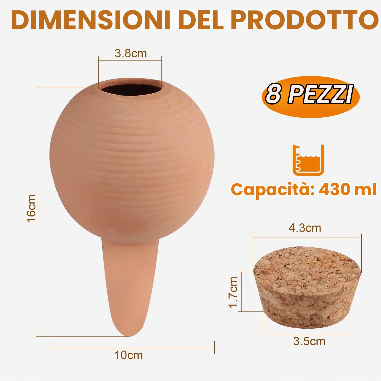 EXLECO 8 × 430ml Coni di Terracotta per Irrigazione con Sughero, Sferici Olla, Sistema di Irrigazione Automatico, Irrigazione a Goccia per Bottiglia, per Piante D'appartamento, Orto, Balcone, Vasi