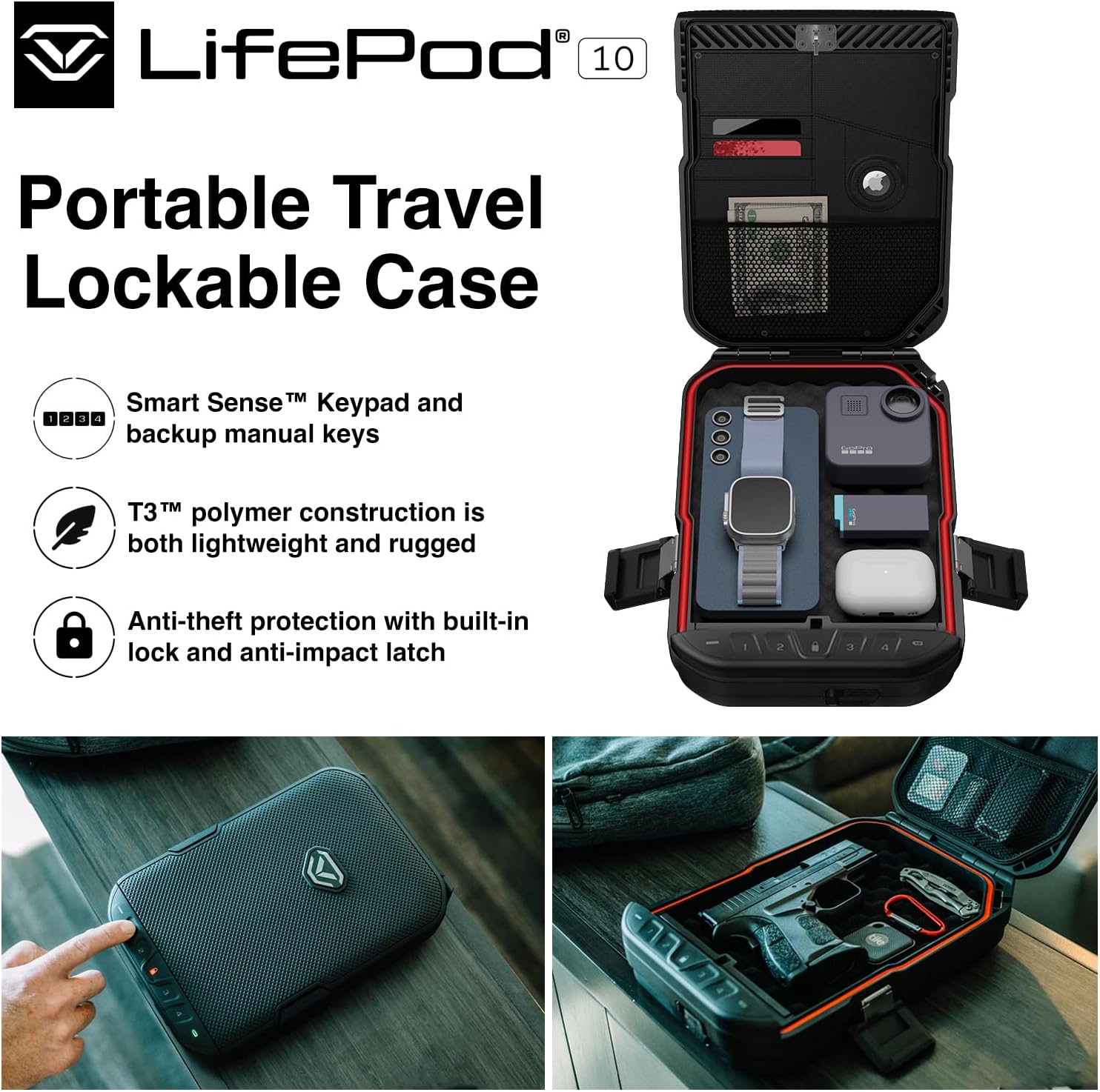 VAULTEK LifePod 10 Compact Lockable Weather Resistant Portable Case with Built-In Lock, Backlit Keypad, Steel Security Cable, & TSA Compliant (Covert Black)