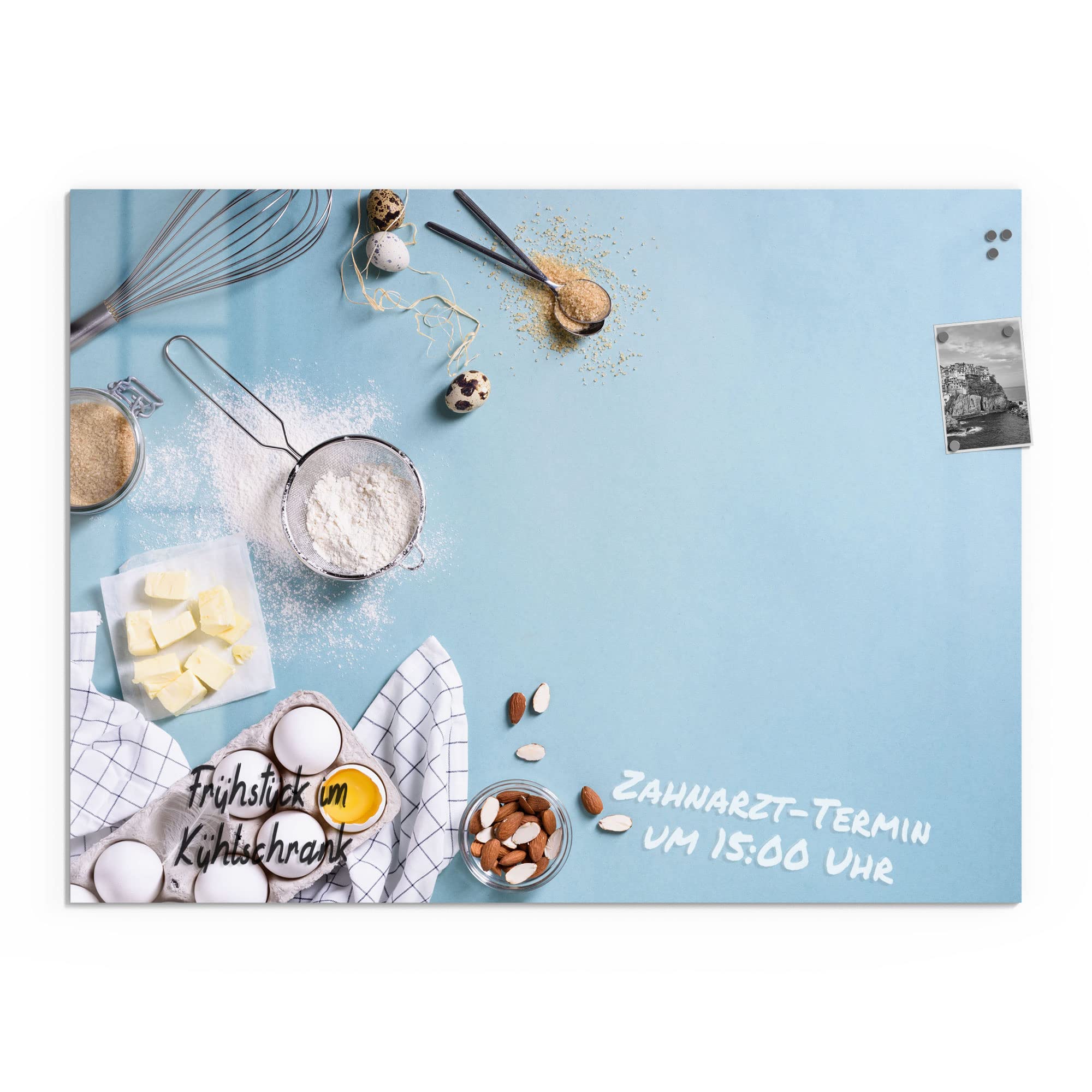 DEQORI Szklana tablica magnetyczna | wymiary 120 x 90 cm | motyw "ilustracja składników do pieczenia" | tablica memo ze szkła | tablica magnetyczna z magnesami, długopisem i chusteczką do kuchni i biura | tablica magnetyczna i do pisania