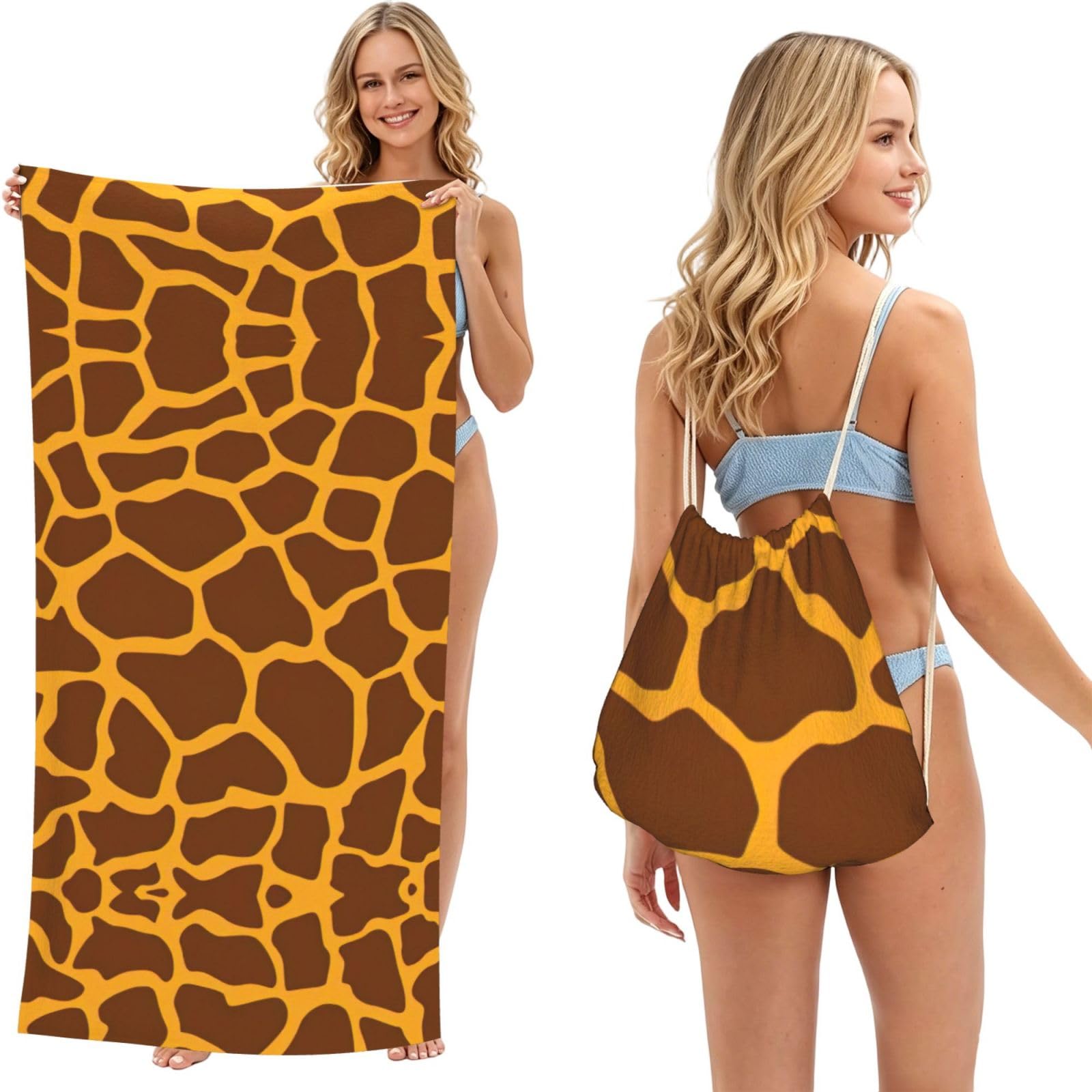 aacxzff Giraffe Print Print 2 in 1 Packable Towel Bag, Drawstring Beach Towel Backpack,80x160cm for Beach trips