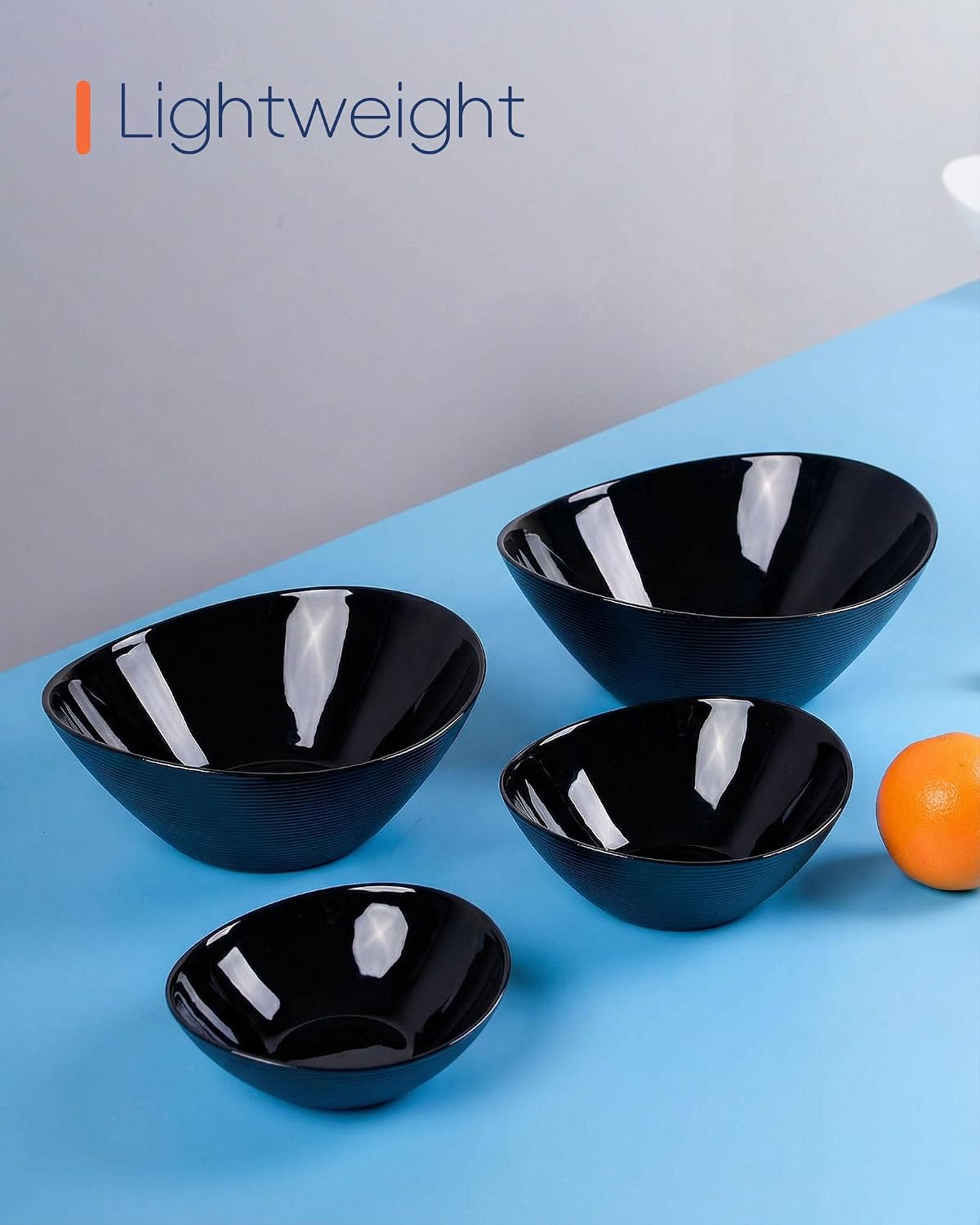 LaGlint Oval Serving Bowls Set of 4, 15/20/43/66 OZ Opal Glass Lightweight Black Nesting Bowls, Microwave & Dishwasher Safe Versatile Mixing Prep Bowl for Salad Fruit Pasta Dessert