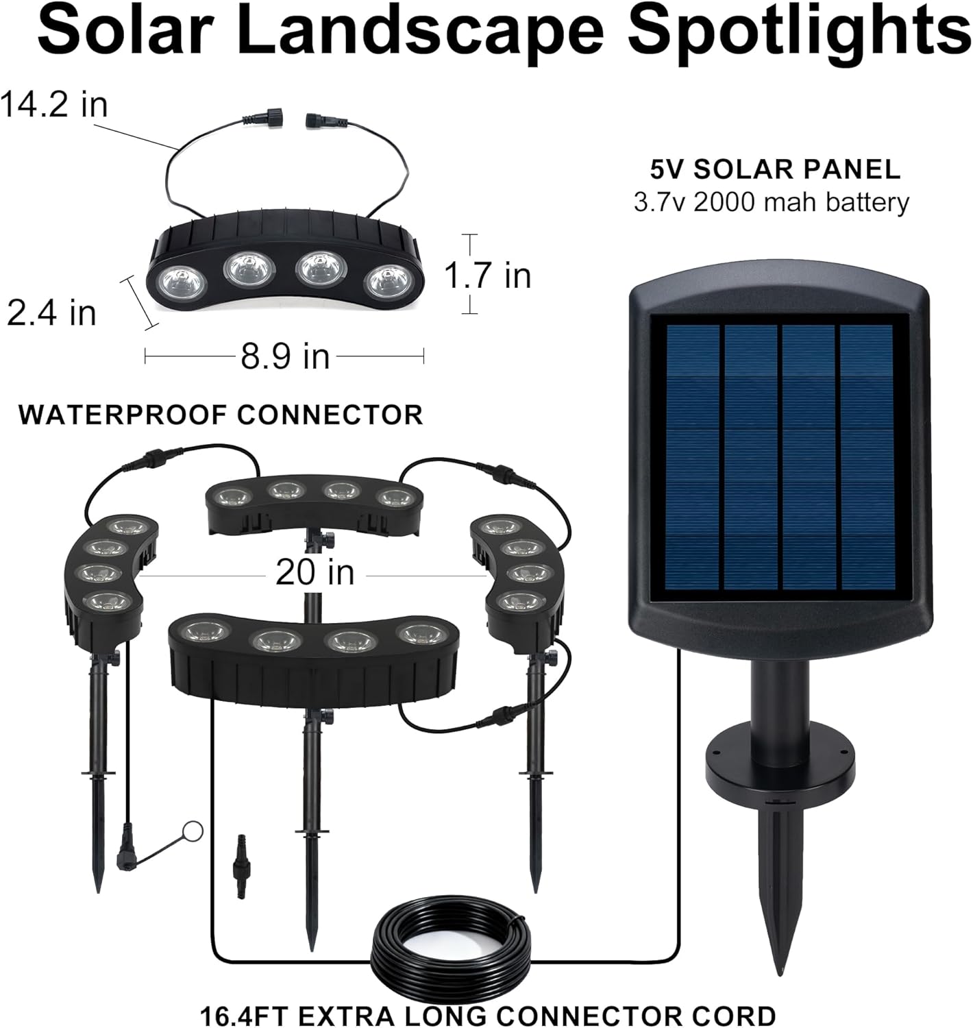 16LED Solar Spotslights Outdoor 4 Pack, Solar Powered Landscape Lights,2-1 Installation (Sticked&Tied) Solar Pathway Lights for Palm Tree, Garden, Yard, House