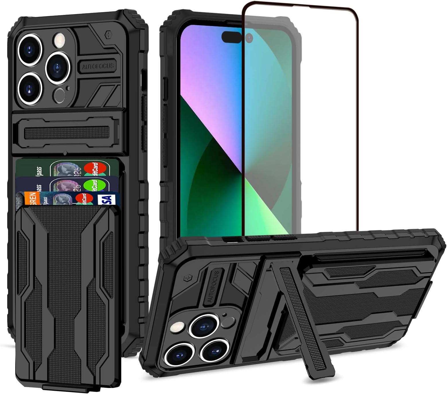 for iPhone 15 Pro Max Case with Card Holder Detachable Wallet Cover, Built-in Kickstand & Screen Protectors, Full Body Shockproof Phone Case for iPhone 15 Pro Max (6.7 Inch), Black