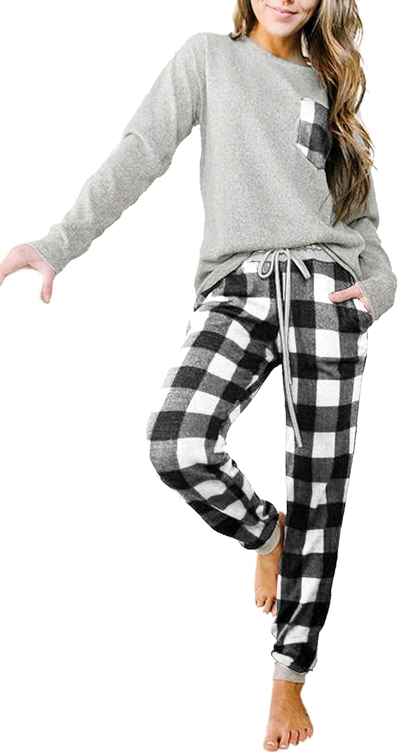 Artfish Women's Loungewear Outfits Pjs Long Sleeve Tops and Buffalo Plaid Joggers Pants Pajamas Set with Pockets