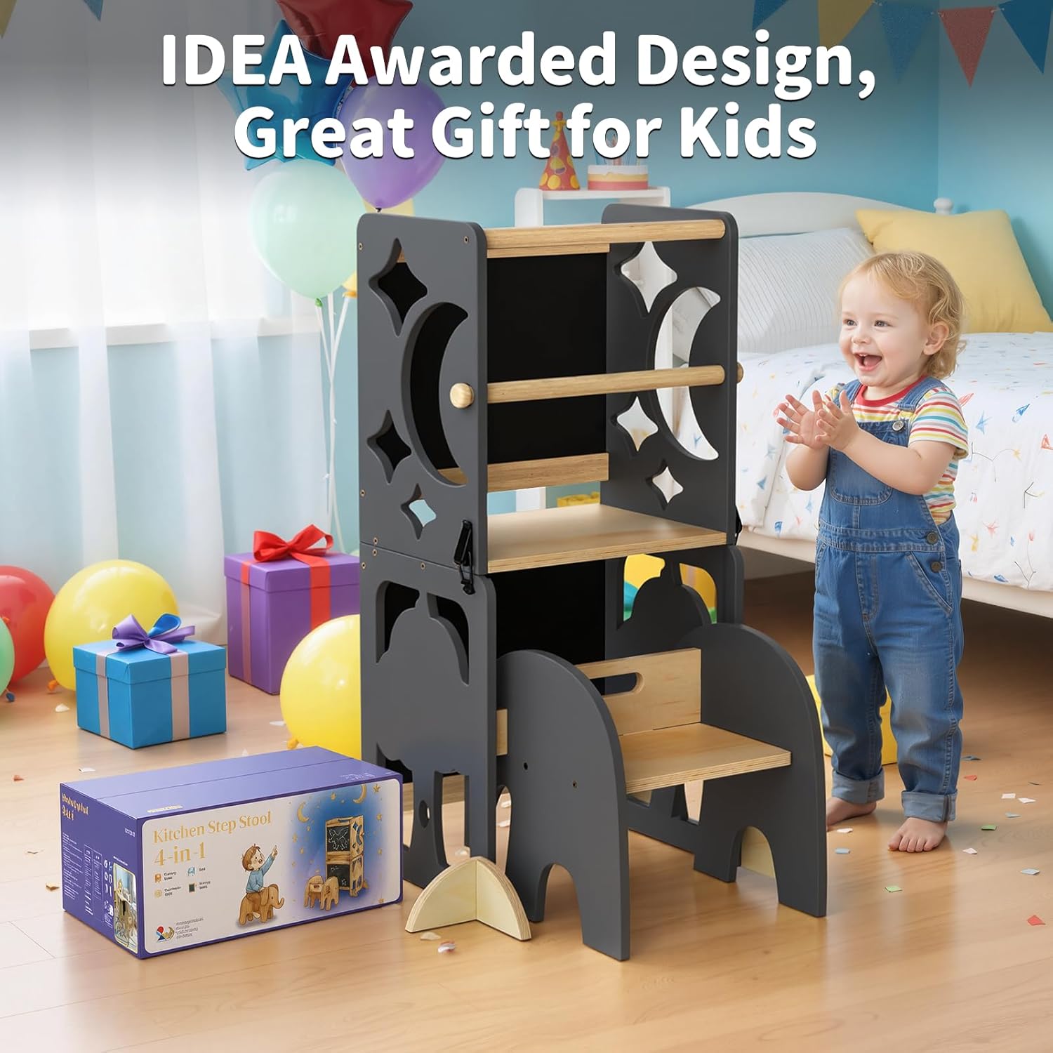 COSYLAND 4-in-1 Toddler Kitchen Stool Helper with Safety Rail, Foldable Toddler Standing Tower with Double Blackboard, Kids Learning Desk and Chair Set, Elephant Grey and Natural