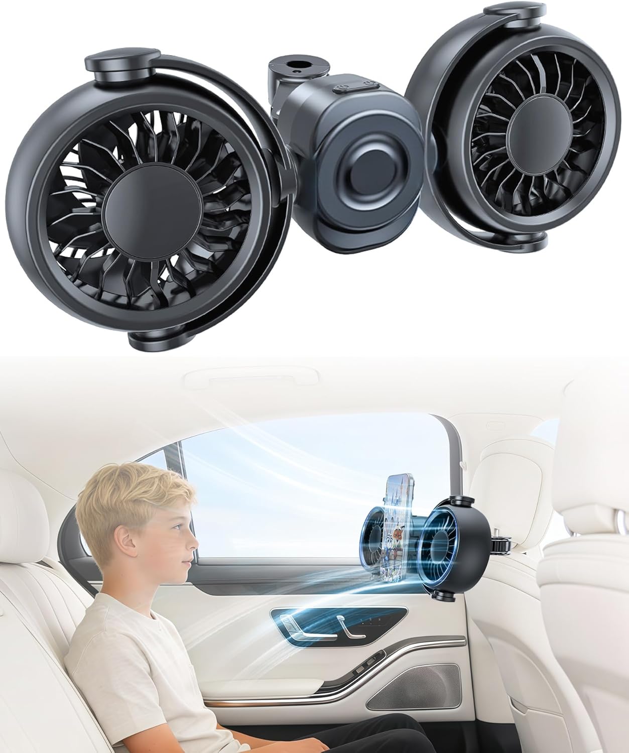 4000mAh Rechargeable Car Fan for Backseat Kids Baby Rear Facing Integrated Magnetic Phone Holder for Car SUV RV Pickup, 360 Rotatable Adjustable Car Seat Fan Dual Head 3 Speed Quiet