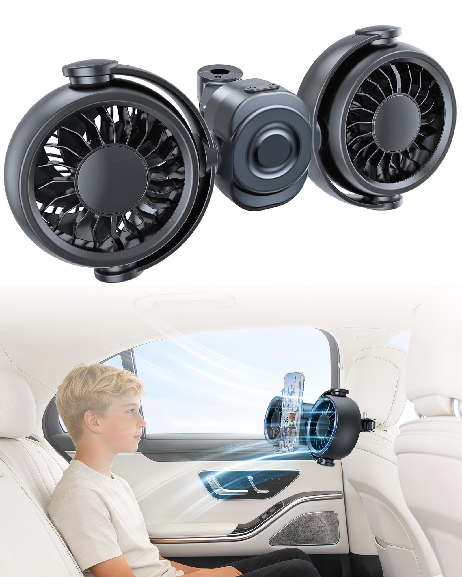 Ventilatore per auto ricaricabile da 4000 mAh per sedile posteriore per bambini con supporto magnetico integrato per auto SUV RV Pickup, 360 ruotabile regolabile ventilatore per seggiolino