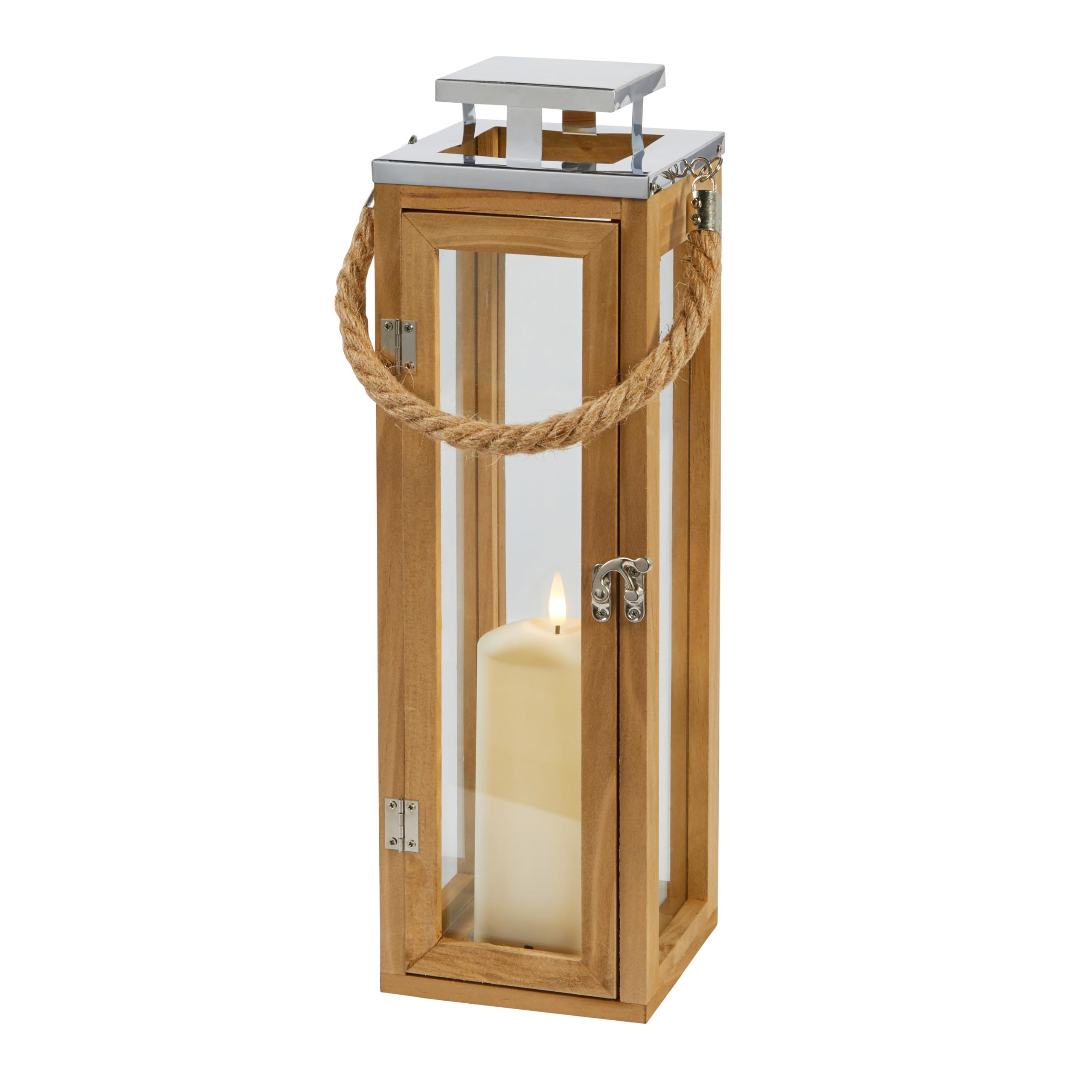 Lights4fun Lanterna in Legno di 42cm con TruGlow® Candela LED a Pile e Manico in Corda per Interni ed Esterni