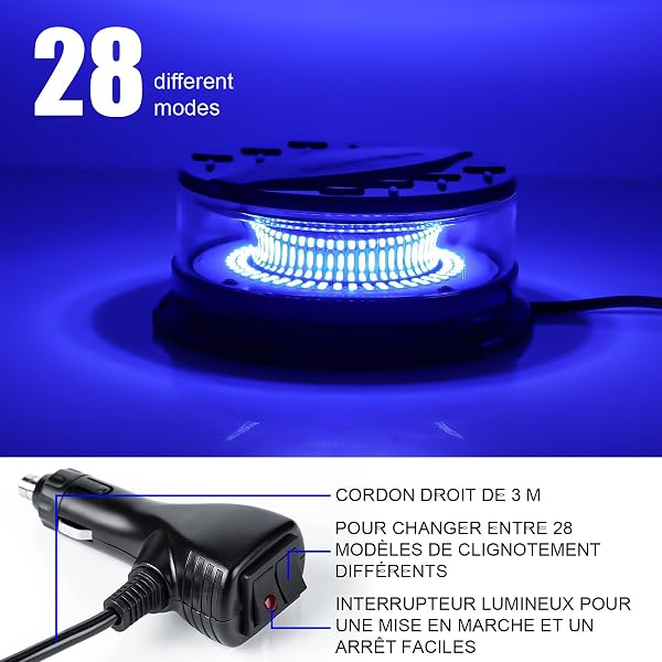 Dinfu gyrophare bleu 12V girophare led vehicule 28 modèles de flash avec base magnétique clignotant avec 3 mètres de câble pour tracteur voiture camion UTV voiture de golf SUV remorque - 2