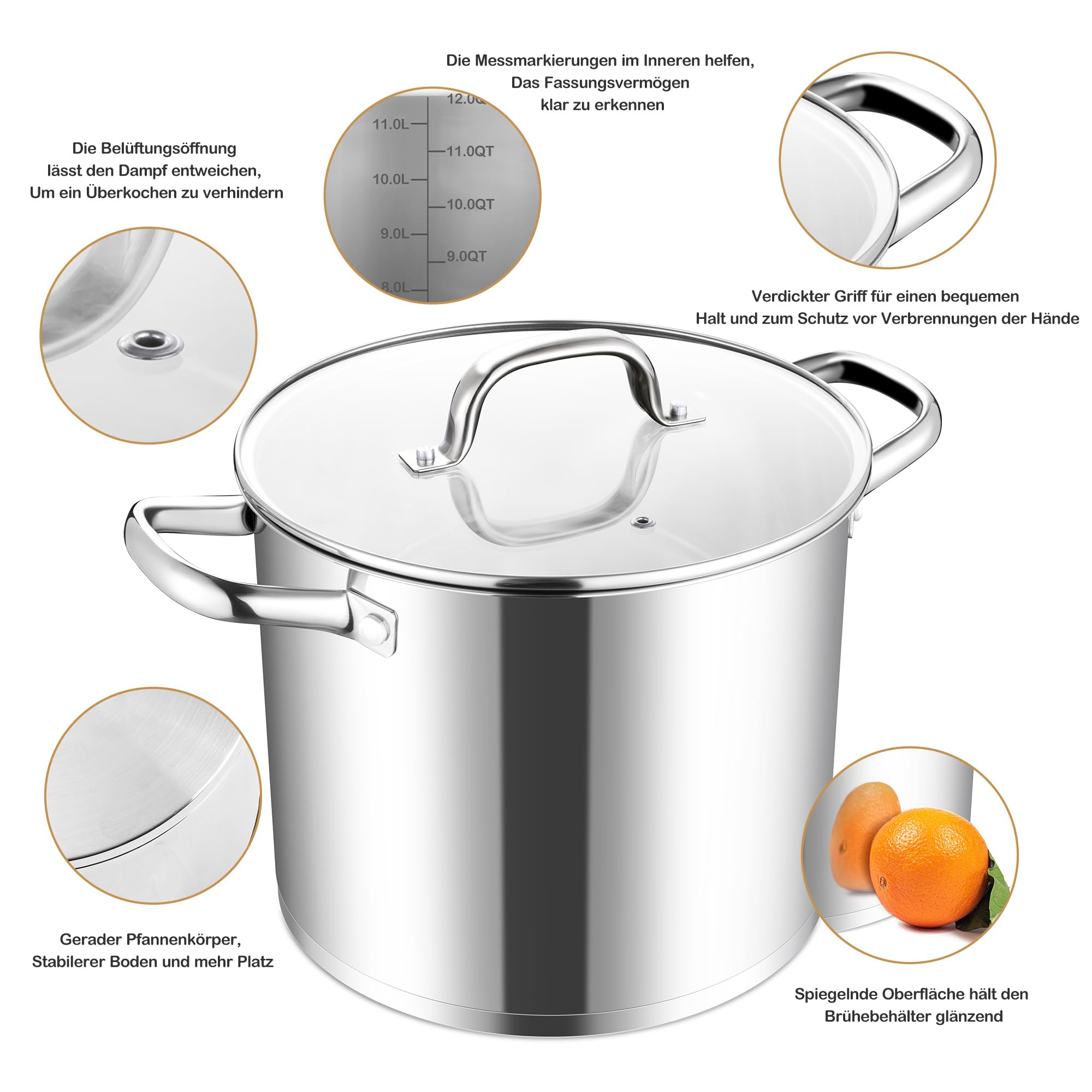 Joyfair Pentola da 11,4 litri in acciaio inox grande pentola a induzione con coperchio in vetro, 3 strati di fondo stabile per tutti i tipi di fornelli, pentola per pasta di alta qualità per cucinare