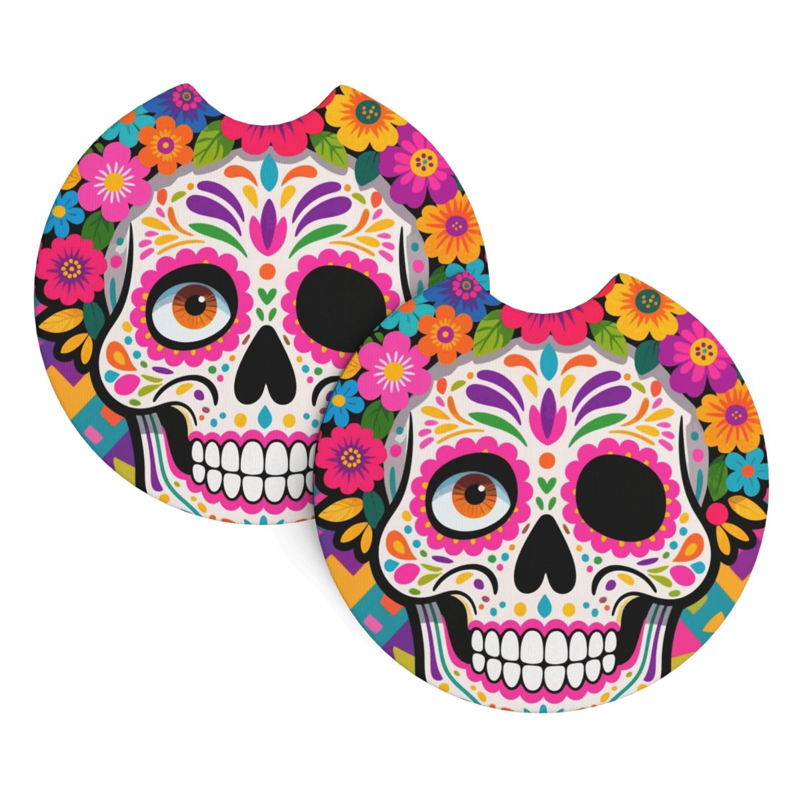 2 Pack Car Coaster for Cup Holders Mexican Skull Print Car Cup Coaster 2.7" Neoprene Non-Slip Automotive Cup Mat Universal Auto Car Interior Accessories for Women Men Cup Pad