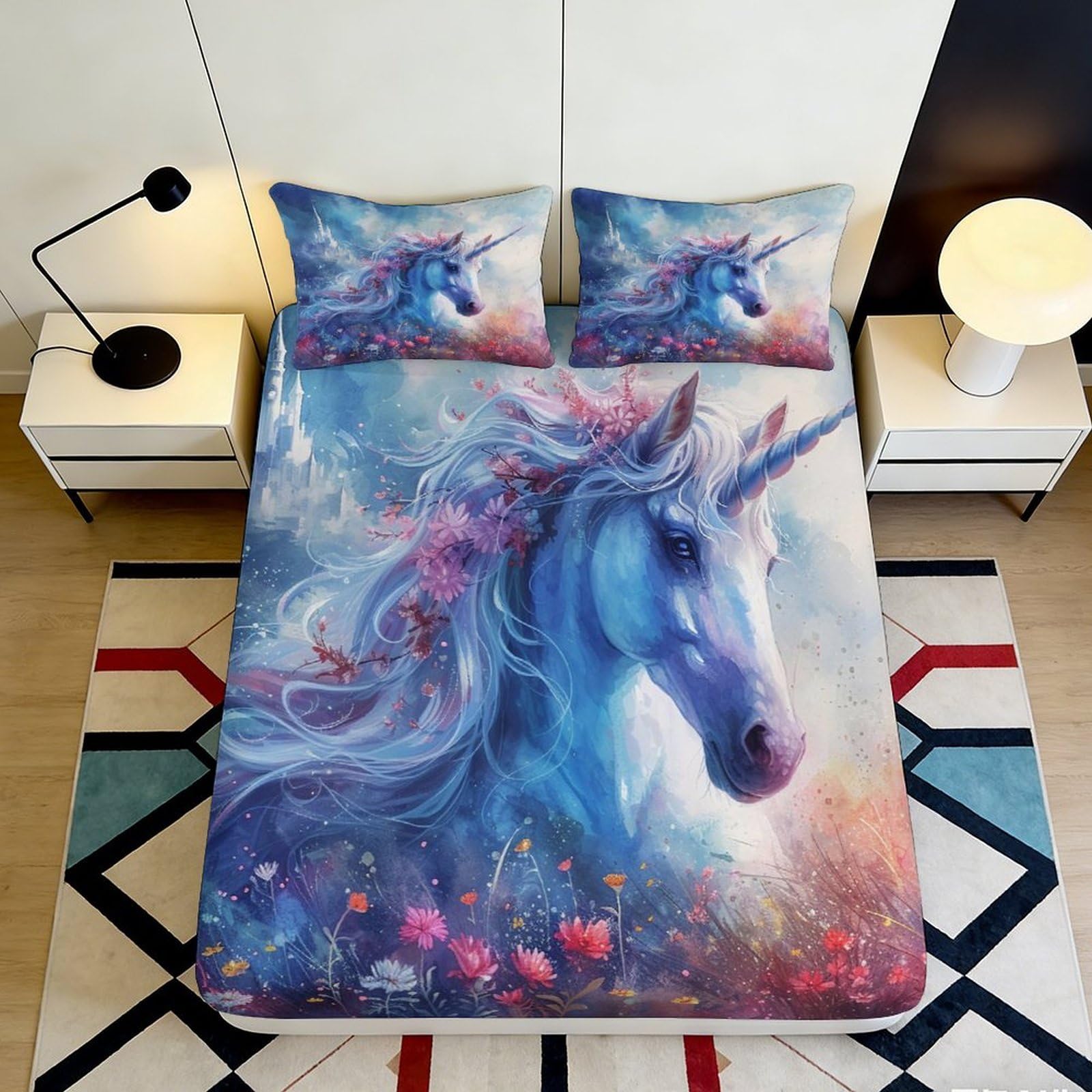 3D Printed Blue Unicorn Fitted Sheet Microfiber Soft Anti-Slip Enchanted Forest Mattress Cover Bedroom Decor 90x200x25cm