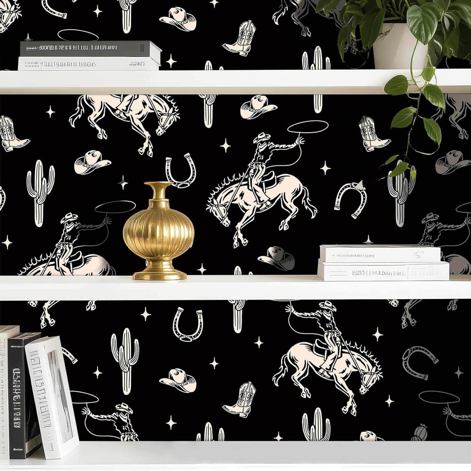 Stickyart Peel and Stick Retro Western Cowboy Wallpaper for Wall Cactus Horseshoe Lasso Hat Cowboy Contact Paper Removable Dark Vintage Rodeo Wall Paper for Bedroom Living Room Ranch Decor 17.5"x276"