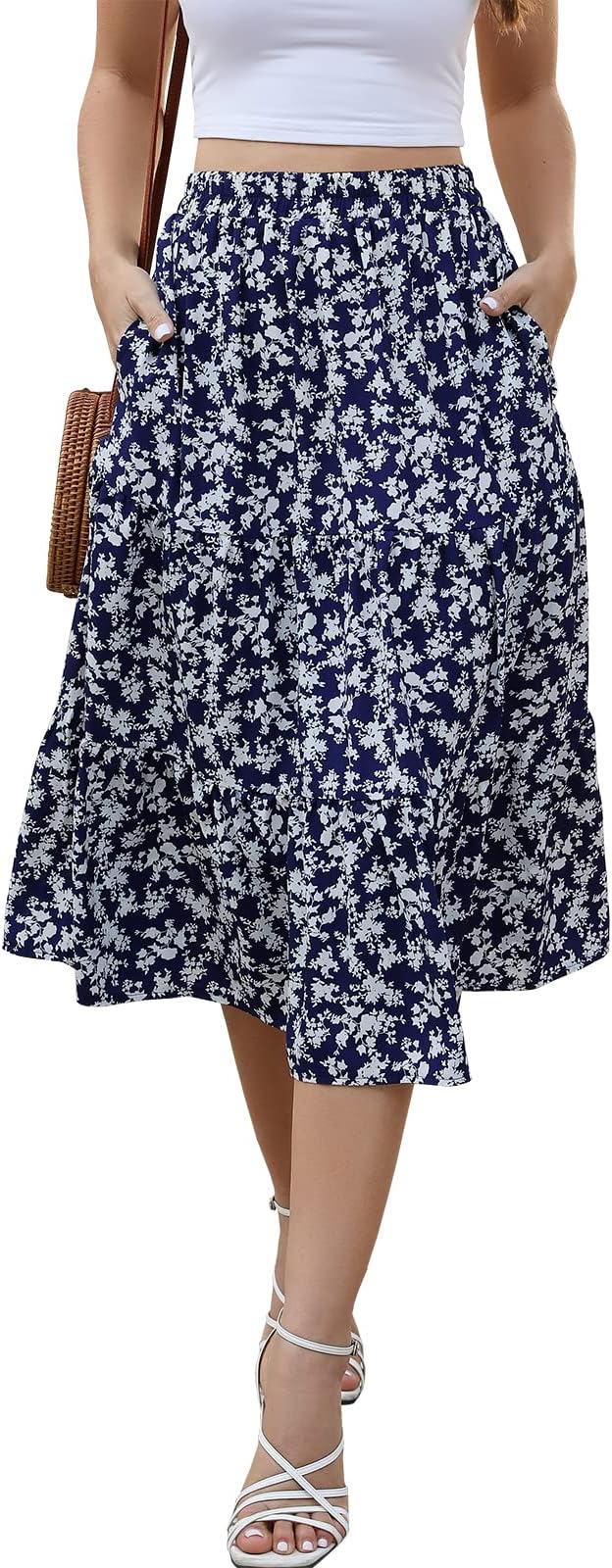 Women's Floral Midi Skirt with Pockets High Elastic Waist Flowy Ruffle Casual Summer Boho Aline Skirts