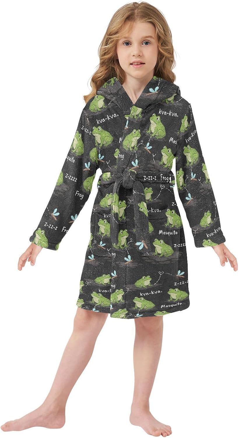 senya Cute Frogs Mosquitos Toddler Hooded Bathrobe Kids Soft Plush Bath Towel Robes for Boys Girls 2-12 Years