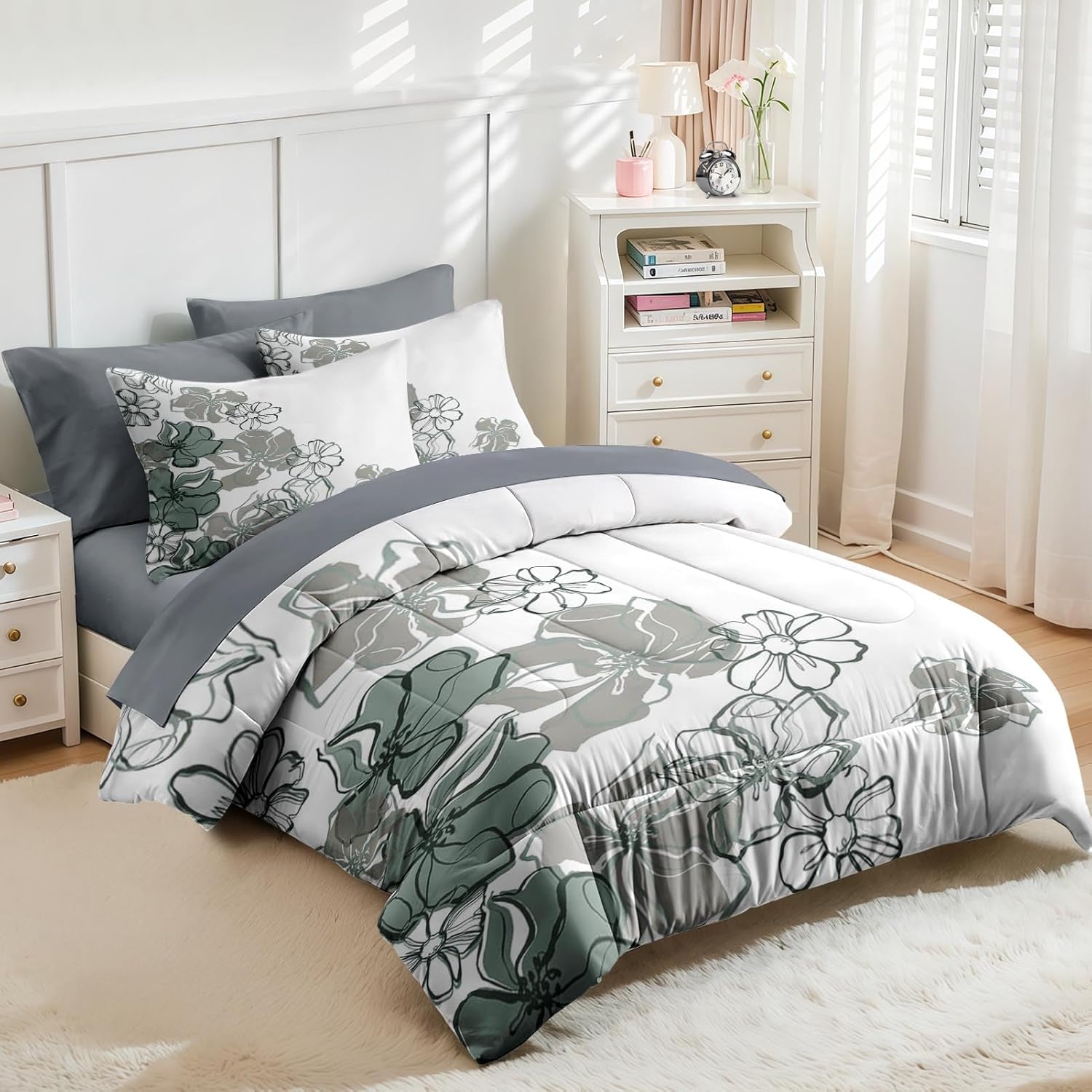 Nesker 7 Pcs Comforter Set Queen Size, Vintage Flowers Bedding Set for Kids and Adults, Farmhouse Floral Line Bed Sheet Sets with Fitted Sheet 2 Pillowcases & 2 Shams - Image 4