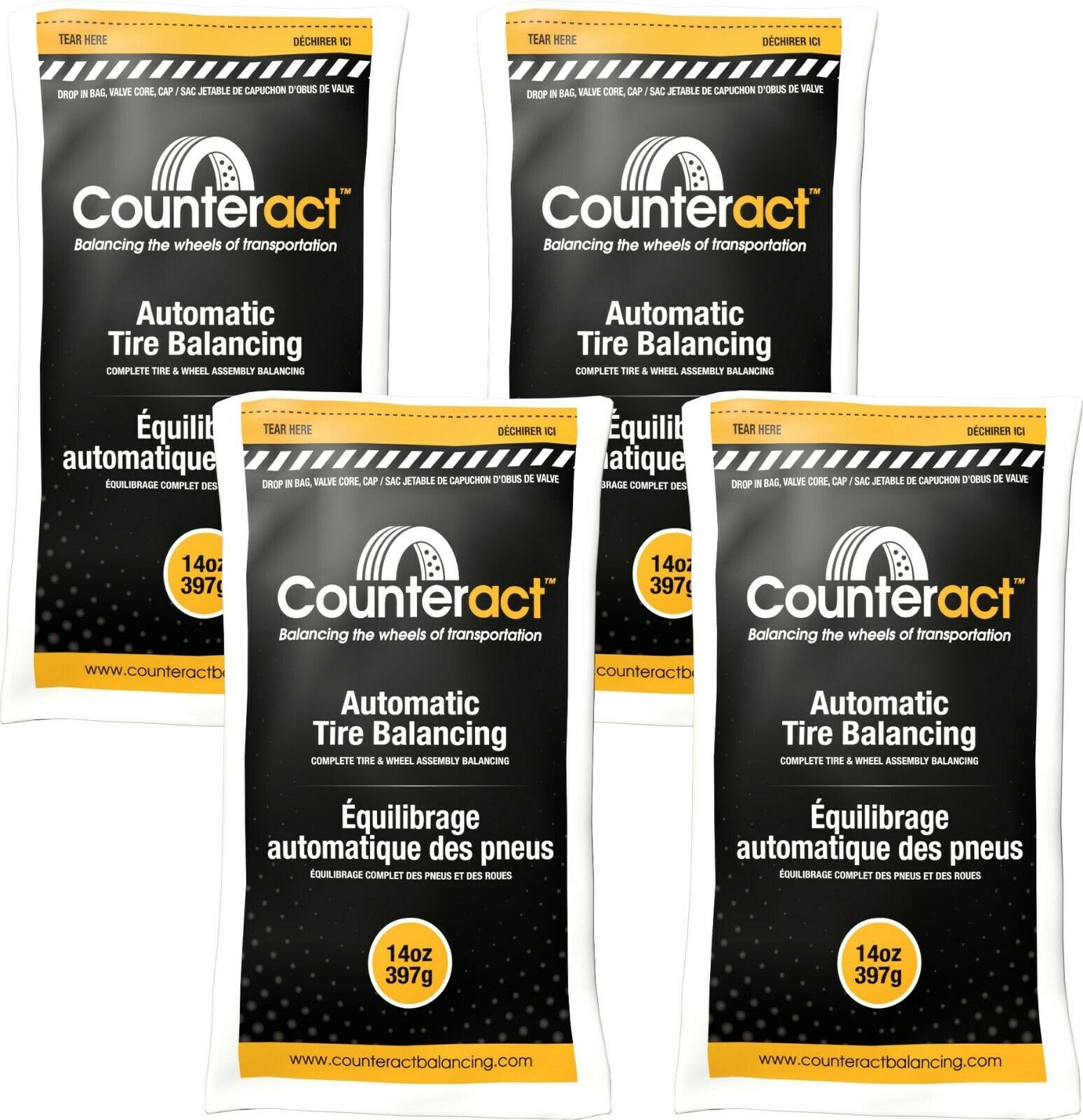 Counteract 14OZ-B4 Centrifugal Force Tire/Wheel Balancing Beads - Off-Road Vehicles, Light Duty Truck Tires, (4) 14oz Balance Bead Bags, (4) Valve Caps and Cores