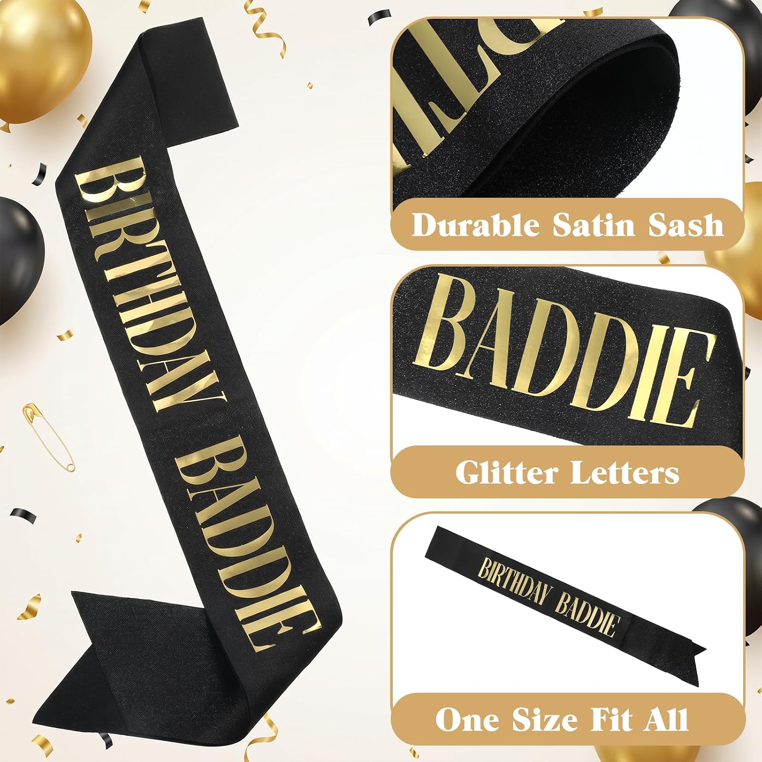Birthday Baddie Crown and Sash Set for Women & Men, Black Glitter Sash with Gold Foil, Rhinestone Tiara Headband, Happy Funny Decorations Baddie Accessories Birthday Party Favors Supplies