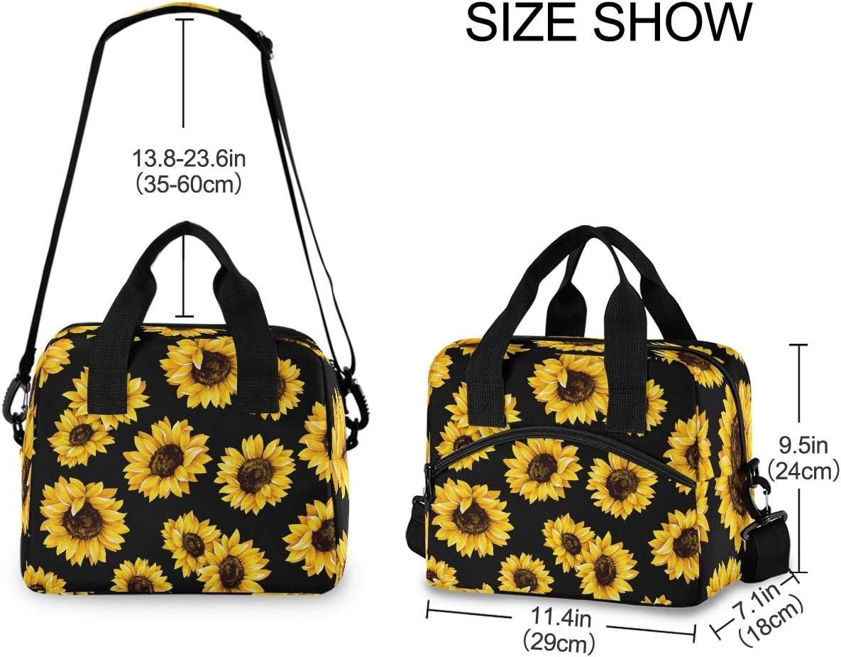 Lunch Bag Insulated Shoulder Lunchbox Handbag Tote Bags Reusable Cooler Containers Organizer School Outdoor for Women Men Girls Boys Kids Black Sunflower