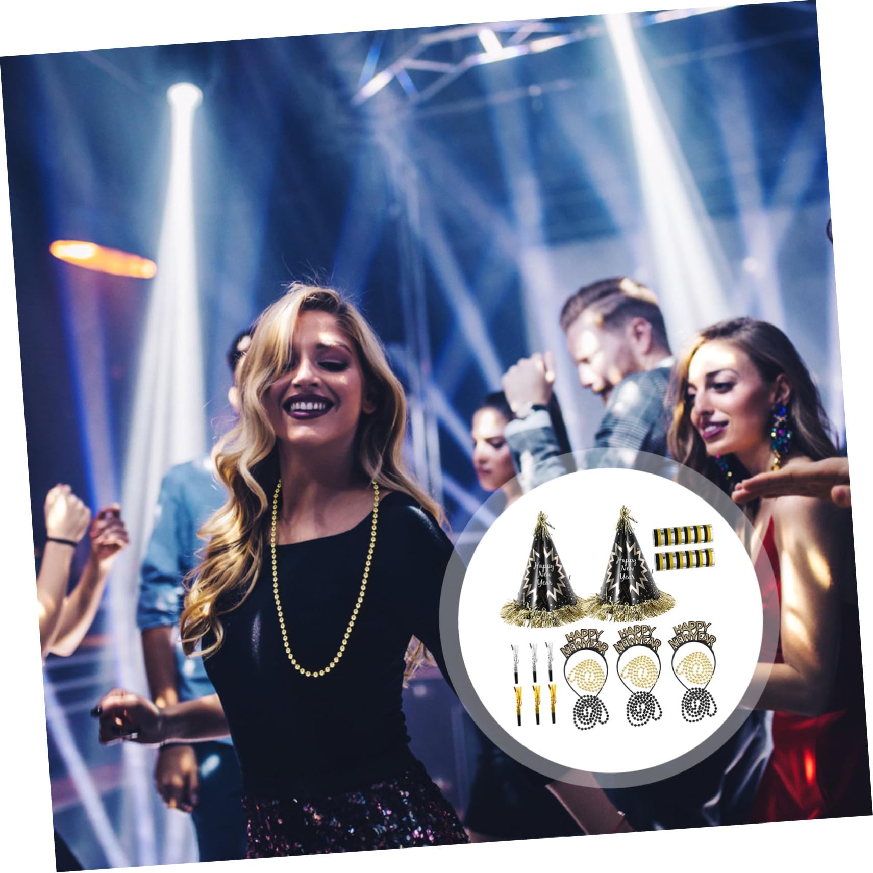 Decorazioni Festa Capodanno Nero Oro con Collana Perline Cappelli di Carta Cerchietti e Fischietti Kit Completo per Party di Capodanno Accessori Festivi Vivaci e Versatili