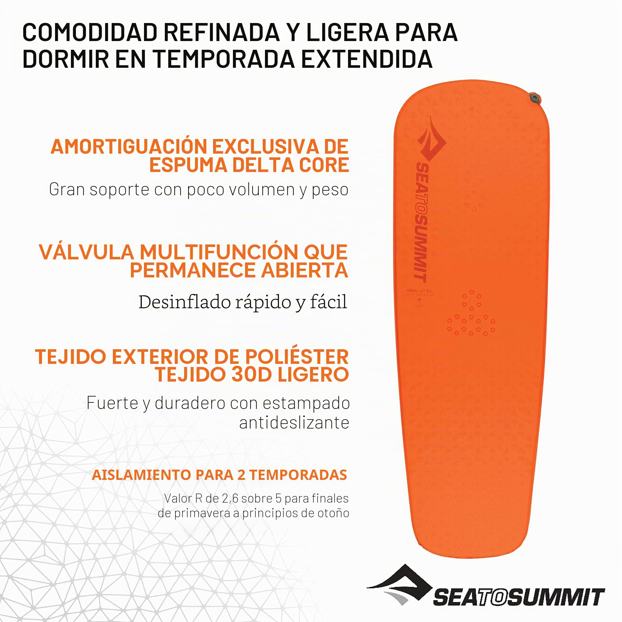Sea to Summit - Colchoneta de Dormir autoinflable Ultralight - Simple y Resistente - Tecnología Delta Core-V - Sistema de Bloqueo de Almohada - para mochileros ultraligeros - Naranja