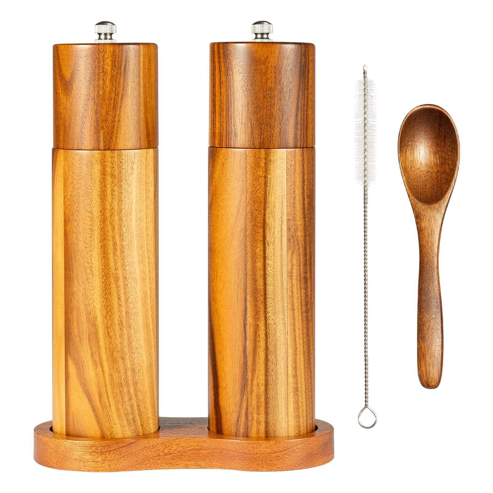 SUNNYNEST Wooden Salt Pepper Grinder Set with Base Spoon Cleaning Brush Adjustable Coarseness Refillable Manual Mills for Home Kitchen