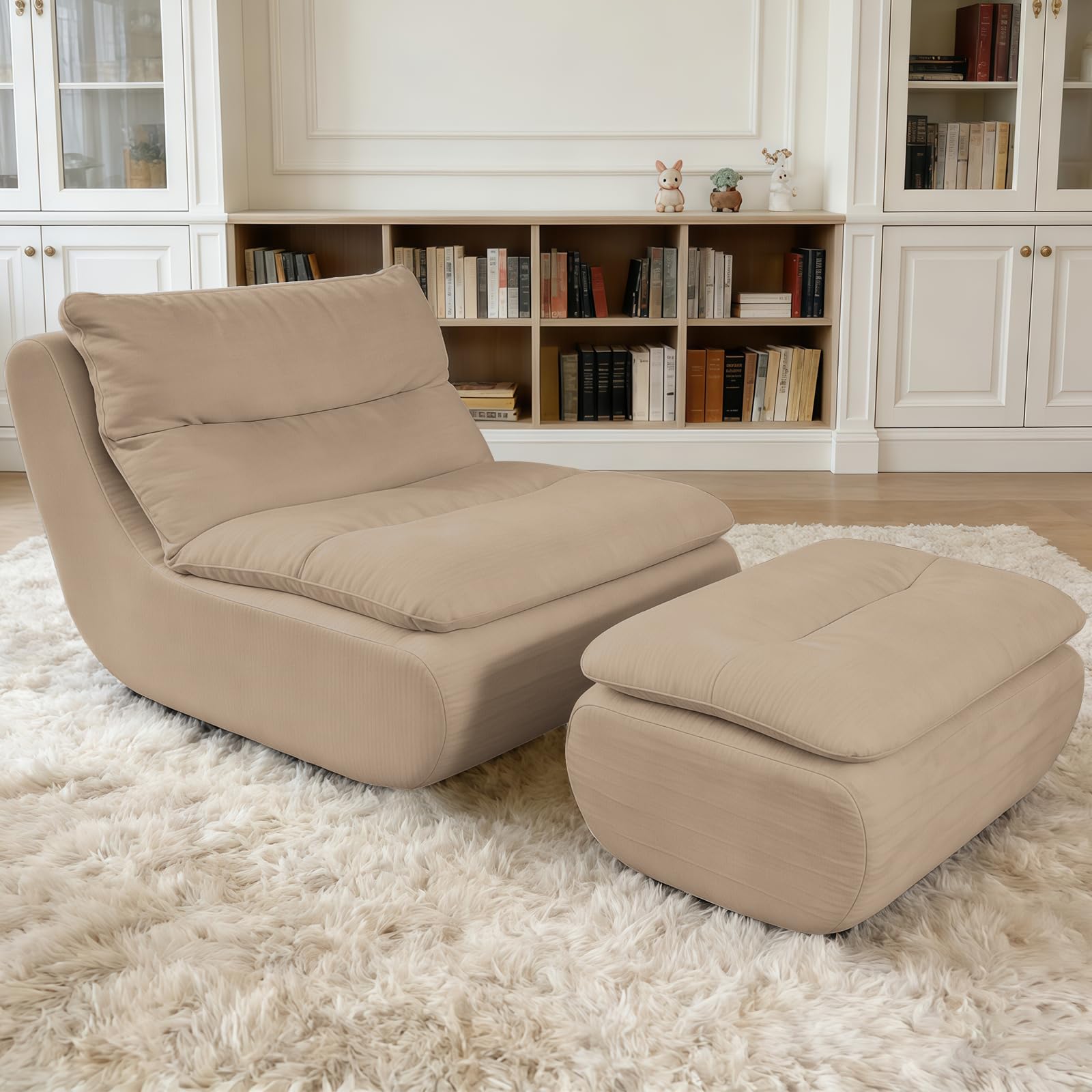 WXJHL Big Bean Bag Couch with Ottoman, Large Memory Foam Lazy Floor Sofa for Adults Kids, Indoor Lounge Chair for Bedroom Living Room (Khaki)