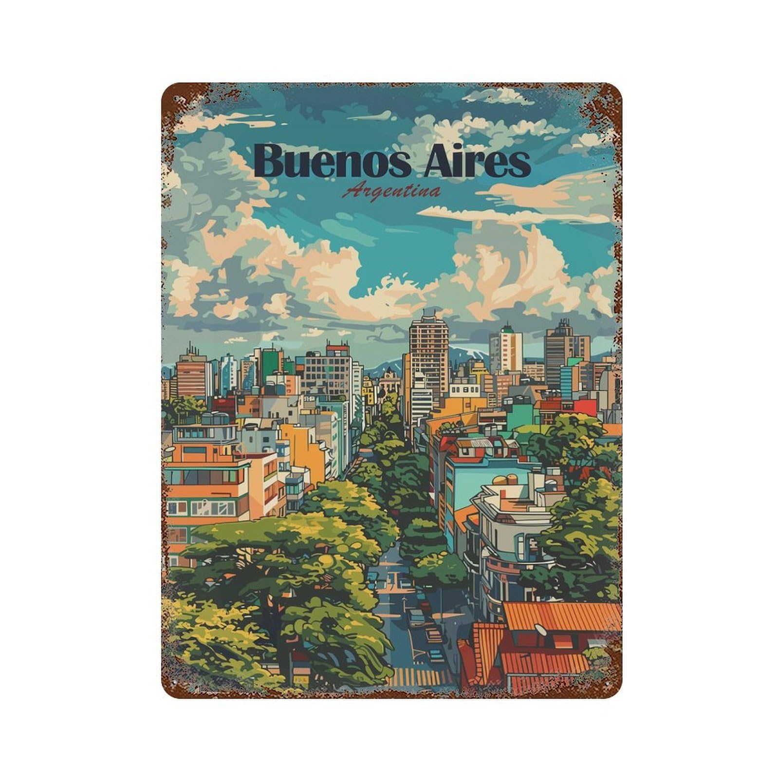 Rust Effect Buenos Aires Argentina Cityscape Illustration Vintage Rust Metal Sign 15.7"x11.8", Rustic Home Decor for Farmhouse, Kitchen And Entryway Decor