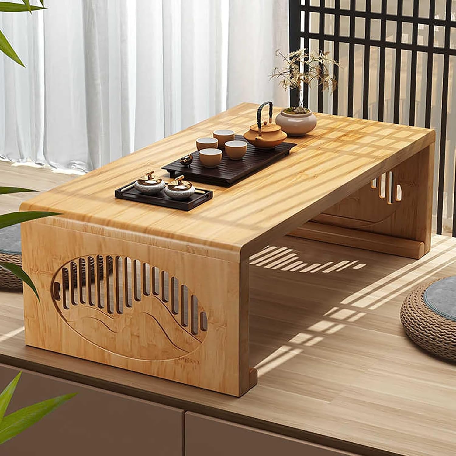 RQLSSSLMXJ Foldable Tatami Tea Table - Collapsible Coffee Table for Floor Sitting, Bamboo Design for Living Room, No Assembly Required