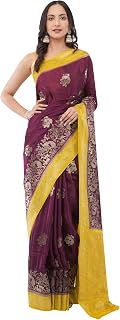 Ambararambh Deep Purple Art Silk Saree with Contrast Yellow Gold Animal Motif Border | Traditional Pattern Saree for Women... Price In India