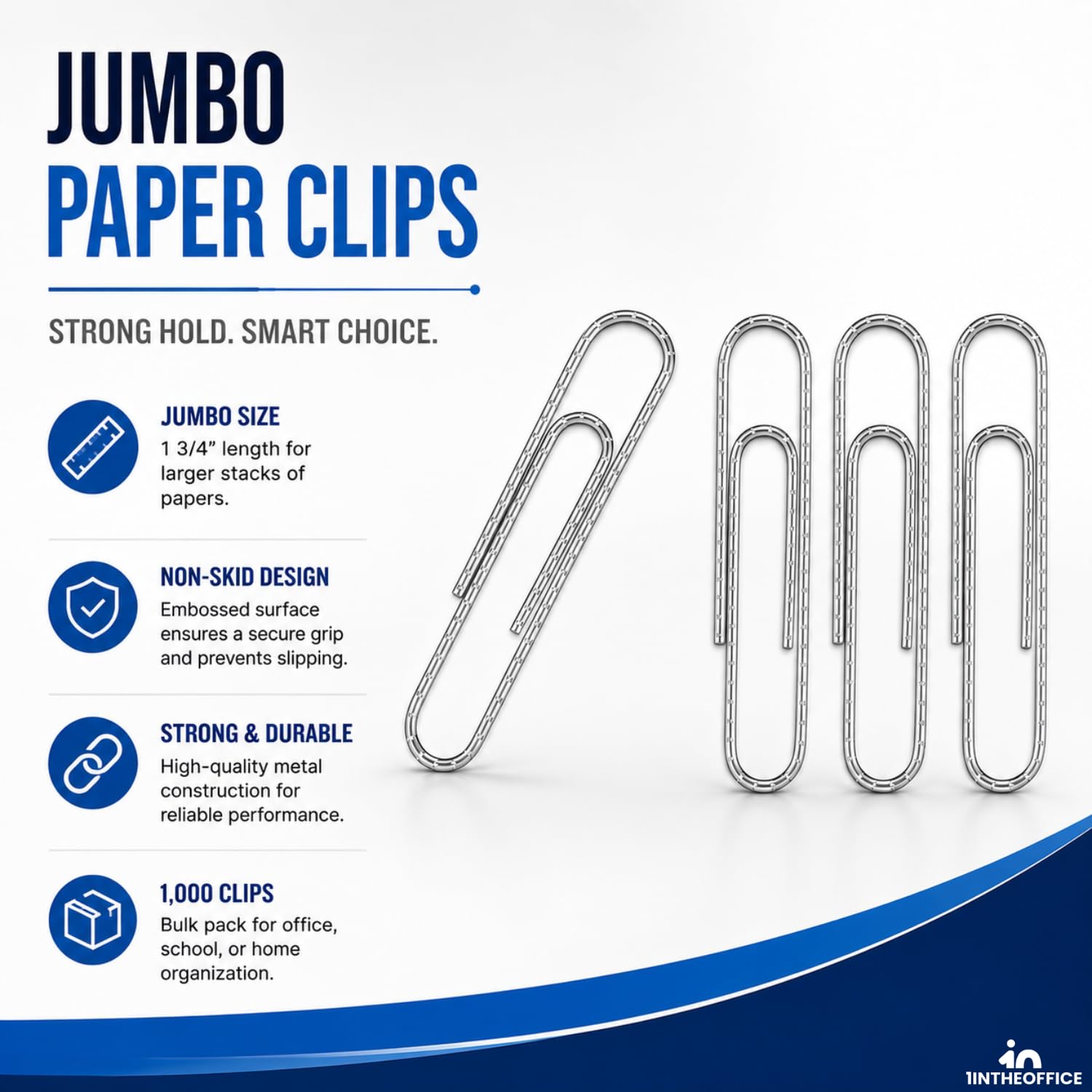 1InTheOffice Clips de papel jumbo, plateados, antideslizantes, 1 3/4,1000/paquete