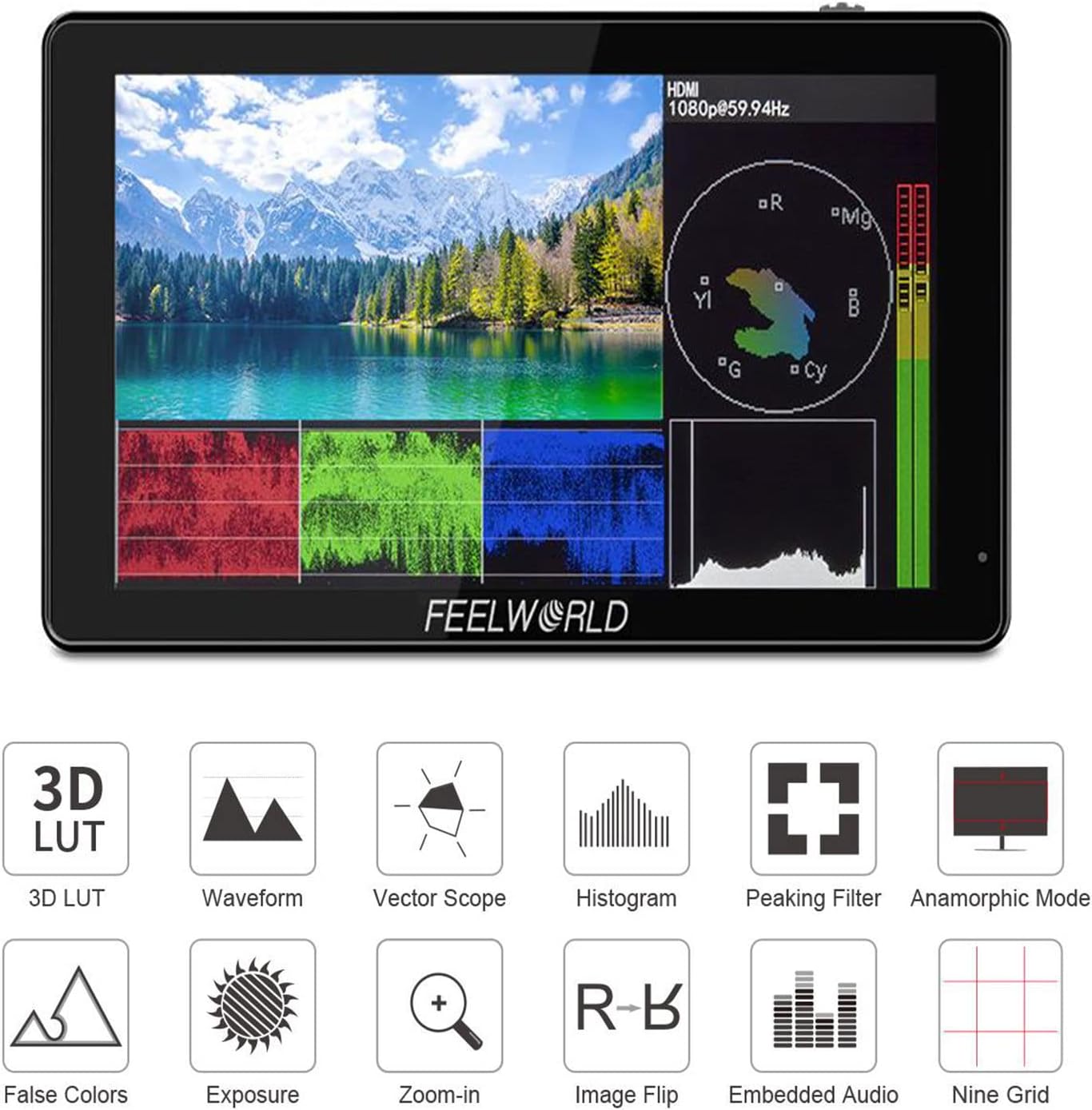 FEELWORLD LUT5 monitor with various professional monitoring tools icons