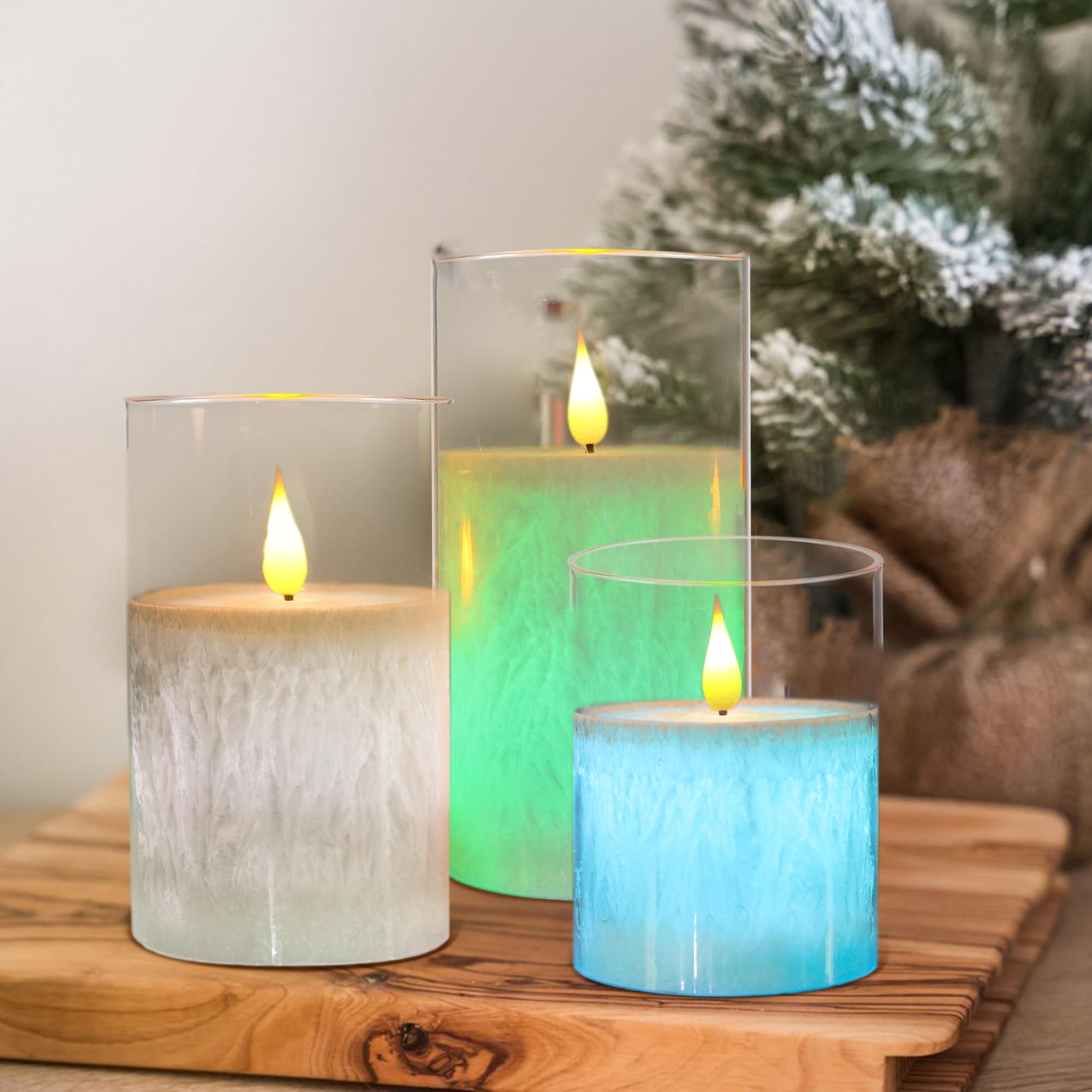 Da by Candela LED, 12 cambiacolori, candela a fiamma mobile a colonna LED alimentata a batteria con timer e telecomando, 3 candele in plexiglass