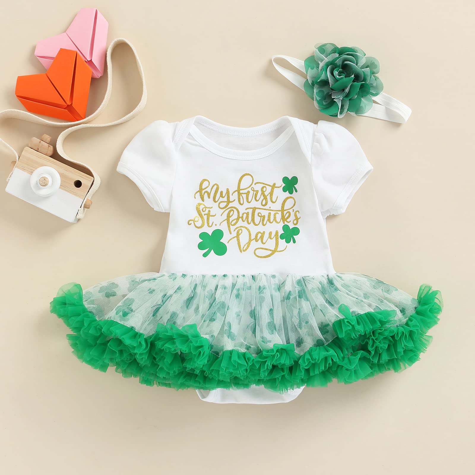 Newborn Baby Girl My 1st St. Patrick's Day Outfit Short Sleeve Letter Tutu Romper Dress Headband 2Pcs Set (6-12 Months,Letter)
