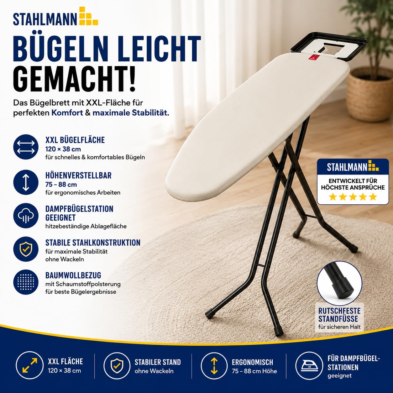 STAHLMANN® Bügelbrett für Dampfbügelstation [120 × 38 cm] Made in Europe | 100 % Baumwolle Turbobezug | höhenverstellbar | Bügeleisenablage | platzsparend klappbar
