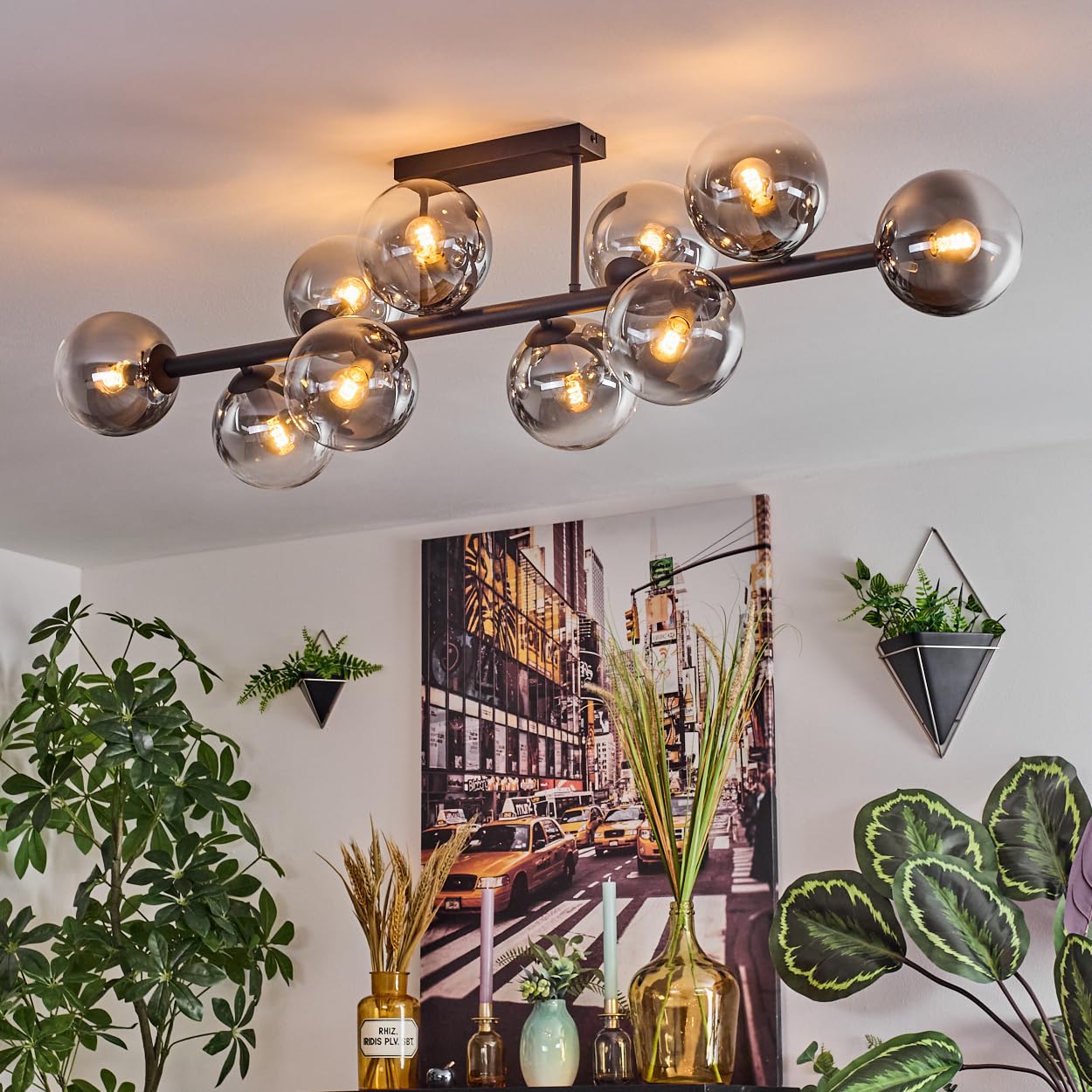 HOFSTEIN Deckenleuchte Chehalis, 10-flammige Deckenlampe aus Metall/Glas in Schwarz/Rauch/Klar, Leuchte im Retro/Vintage-Design (Schirme Ø 15 cm), E14, Esszimmer, Wohnzimmer, Schlafzimmer, Küche