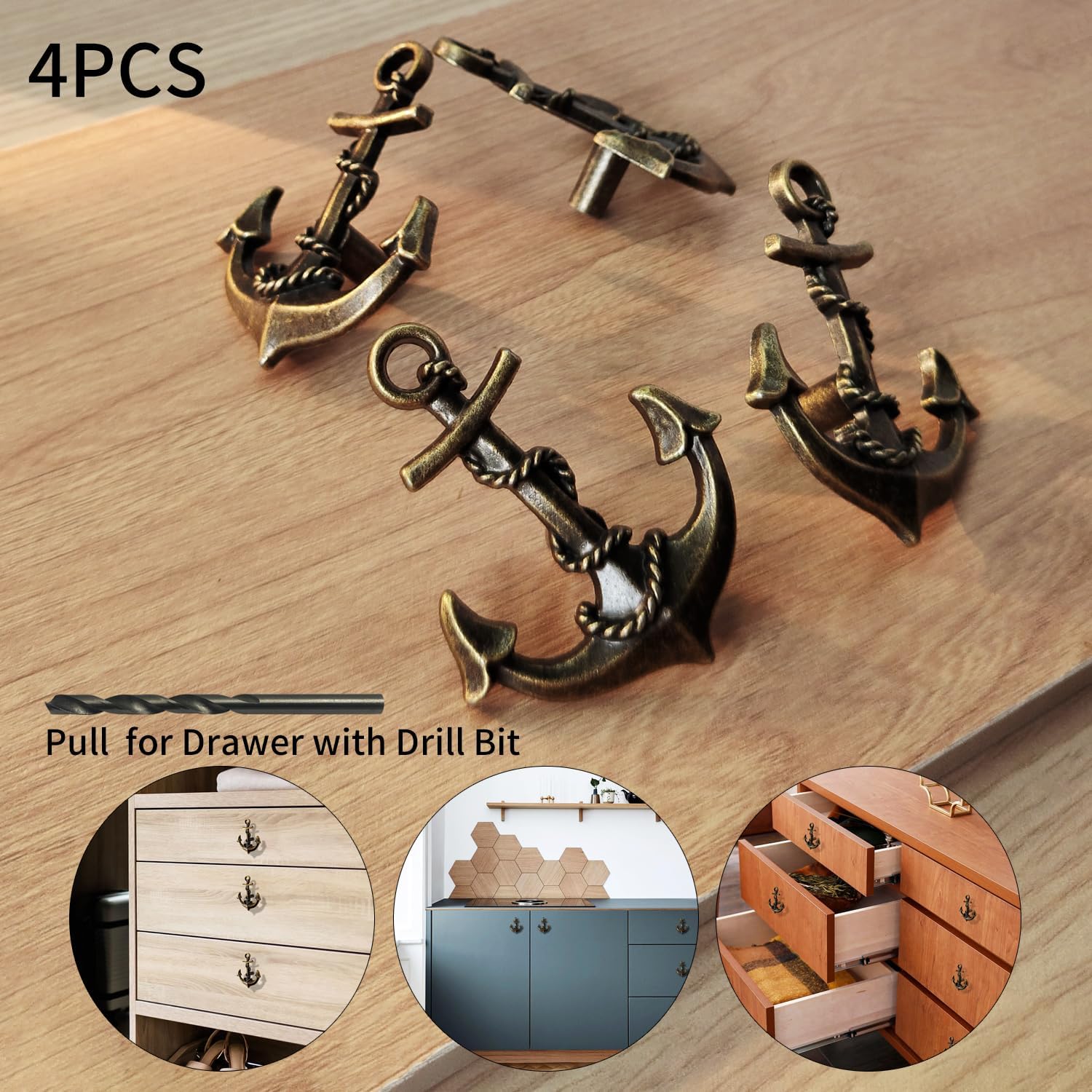 4PCS Nautical Style Zinc Alloy Vintage Anchor Design Cabinet Pulls, Antique Bronze Anchor shape Drawer Knobs for Cupboard, Dresser, Closet, Wardrobe, Sideboard, TV stand & Furniture Door (C)