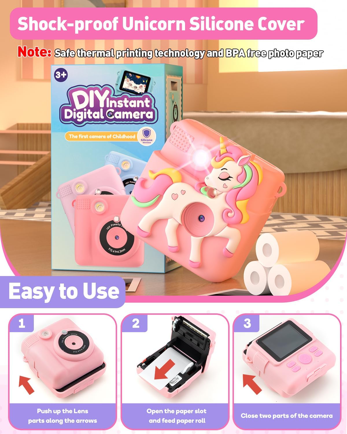 Kids Camera with Thermal Printing Paper, Christmas Birthday Gifts for Girls and Boys Age 3-12