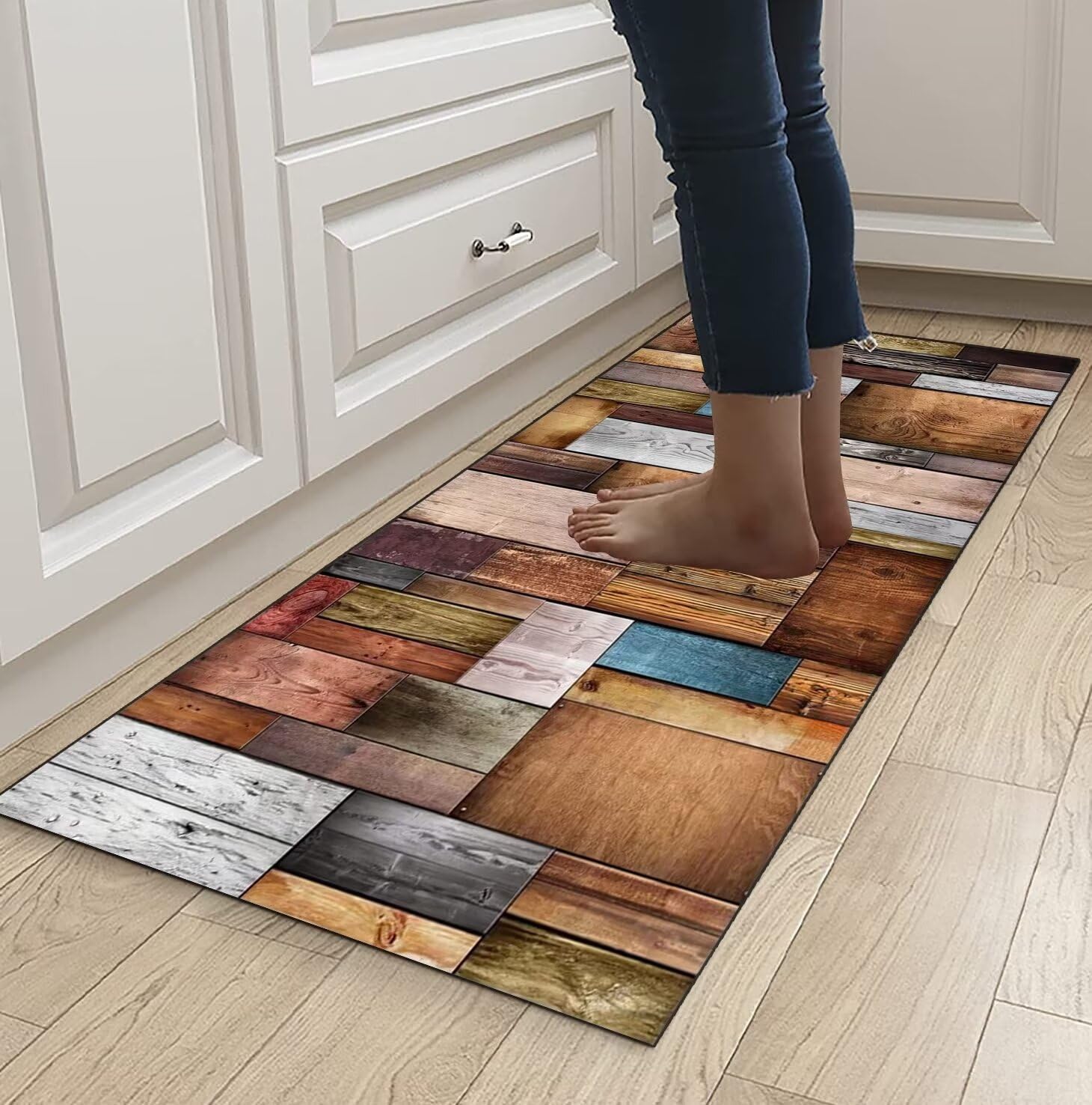 Küchenläufer Waschbar rutschfest 3D Holzmaserung 120x450cm Flurläufer Korridor Teppichläufer Küchenteppich Schlafzimmer Esszimmer Polyester Meterware Anpassbar