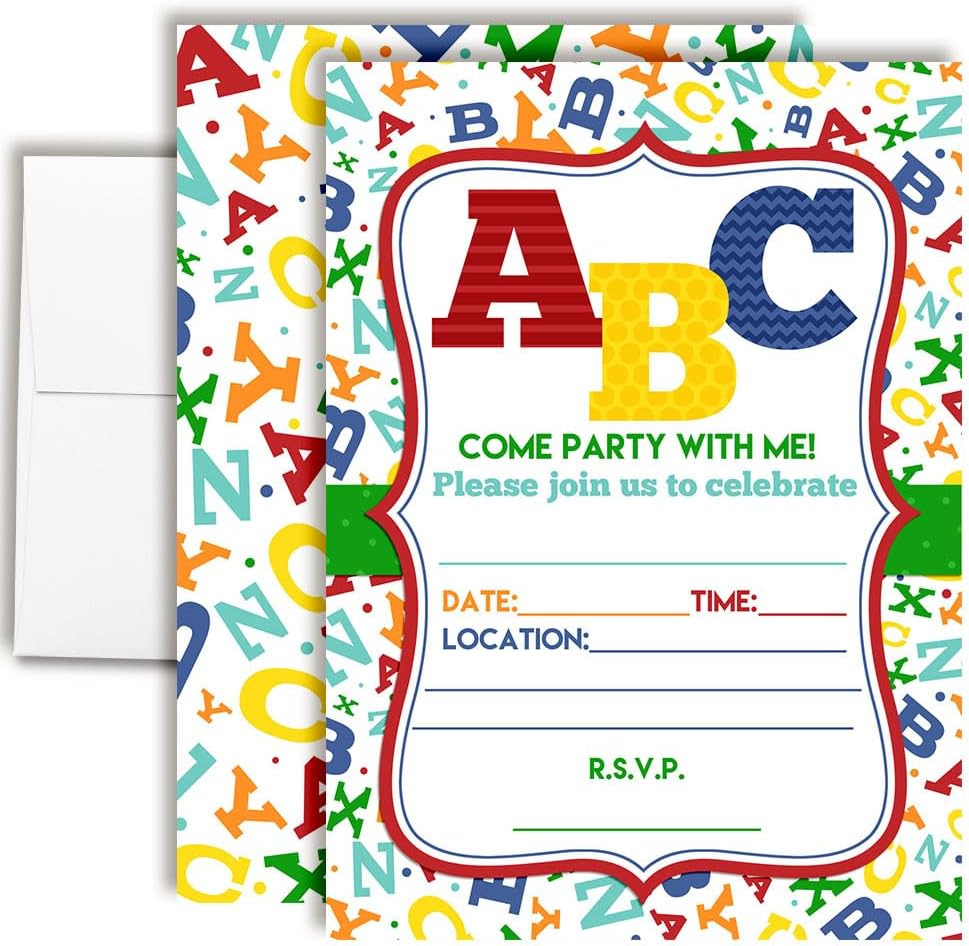 ABC Alphabet Letters and Learning Birthday Party Invitations, 20 5x7 Fill In Cards with Twenty White Envelopes by AmandaCreation