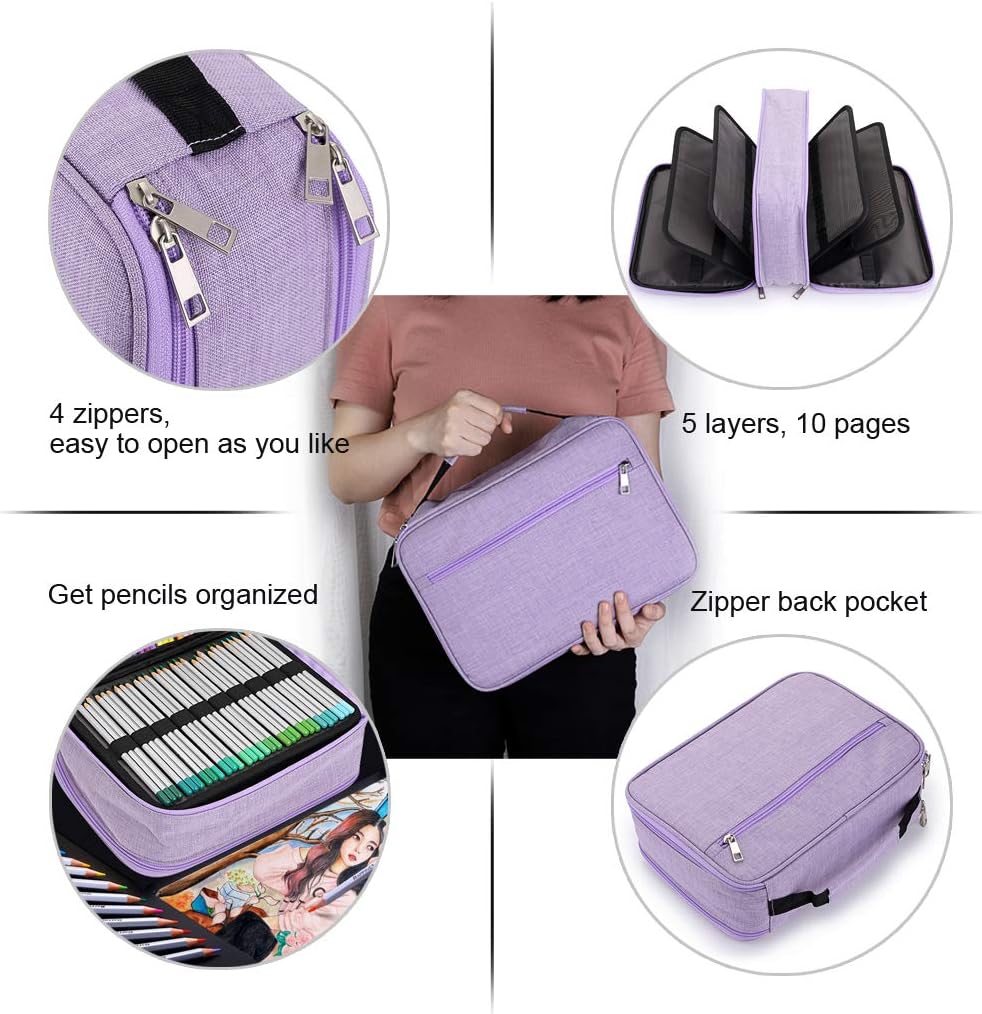 BTSKY Colored Pencil Case 300 Slots Pen Pencil Bag Organizer High Capacity Pens Holder with Double Zippers Multilayer Holder Compatible with Prismacolor Crayola Colored Pencils Watercolor Pens Purple