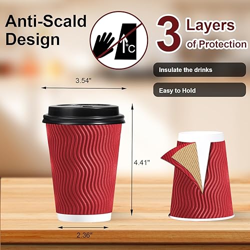 Miniatura 2 de Lamosi 12 OZ Tazas de café desechables con tapas, paquete de 50, taza de papel aislada con pared ondulada corrugada para bebidas calientes (Rojo)