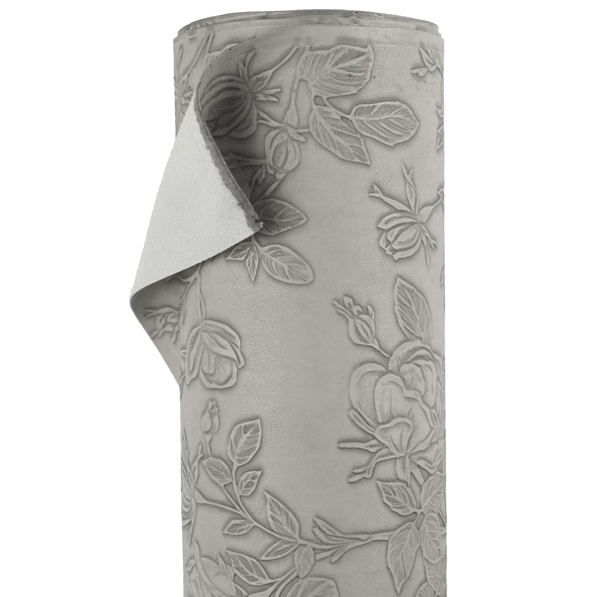 A-Express Floral Faux Leather Fabric - Embossed PU Vinyl Material - 140cm 55" Inches Wide - 430 GSM by The Metre - Textured Flower Upholstery Fabric, DIY Craft Sheets, Purse - Grey Sample