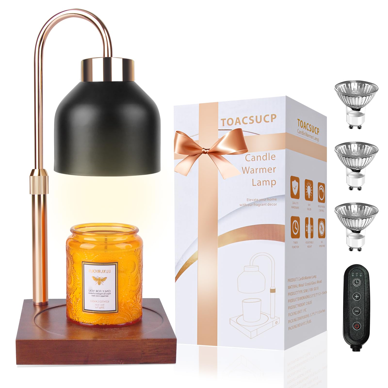 TOACSUCP Candle Warmer Lamp with 3 Bulbs, Adjustable Height Dimmable Candle Warmer with Timer, Compatible with Large Jar Candles, Candle Lamp with