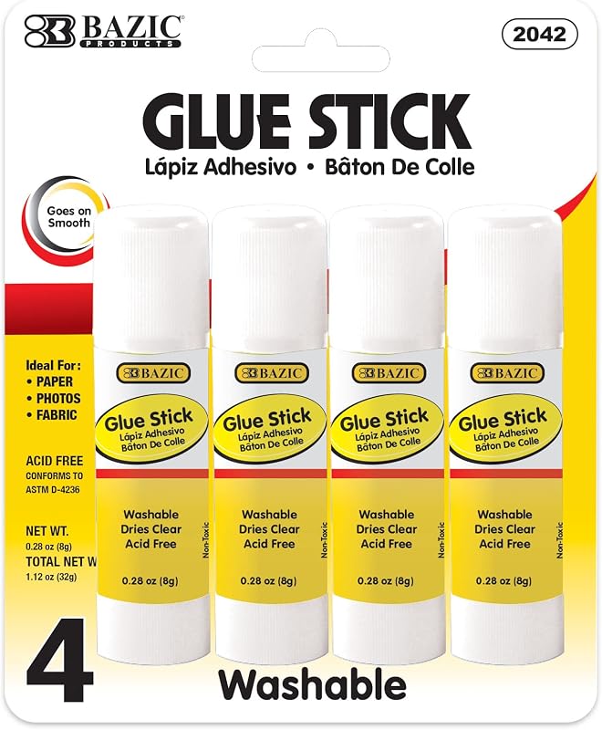 BAZIC 8g / 0.28 Oz. Small Glue Stick (4/Pack) | Dries clear, Twist-up, Washable, Acid-free, Photo-safe, Non-toxic, For school and craft projects