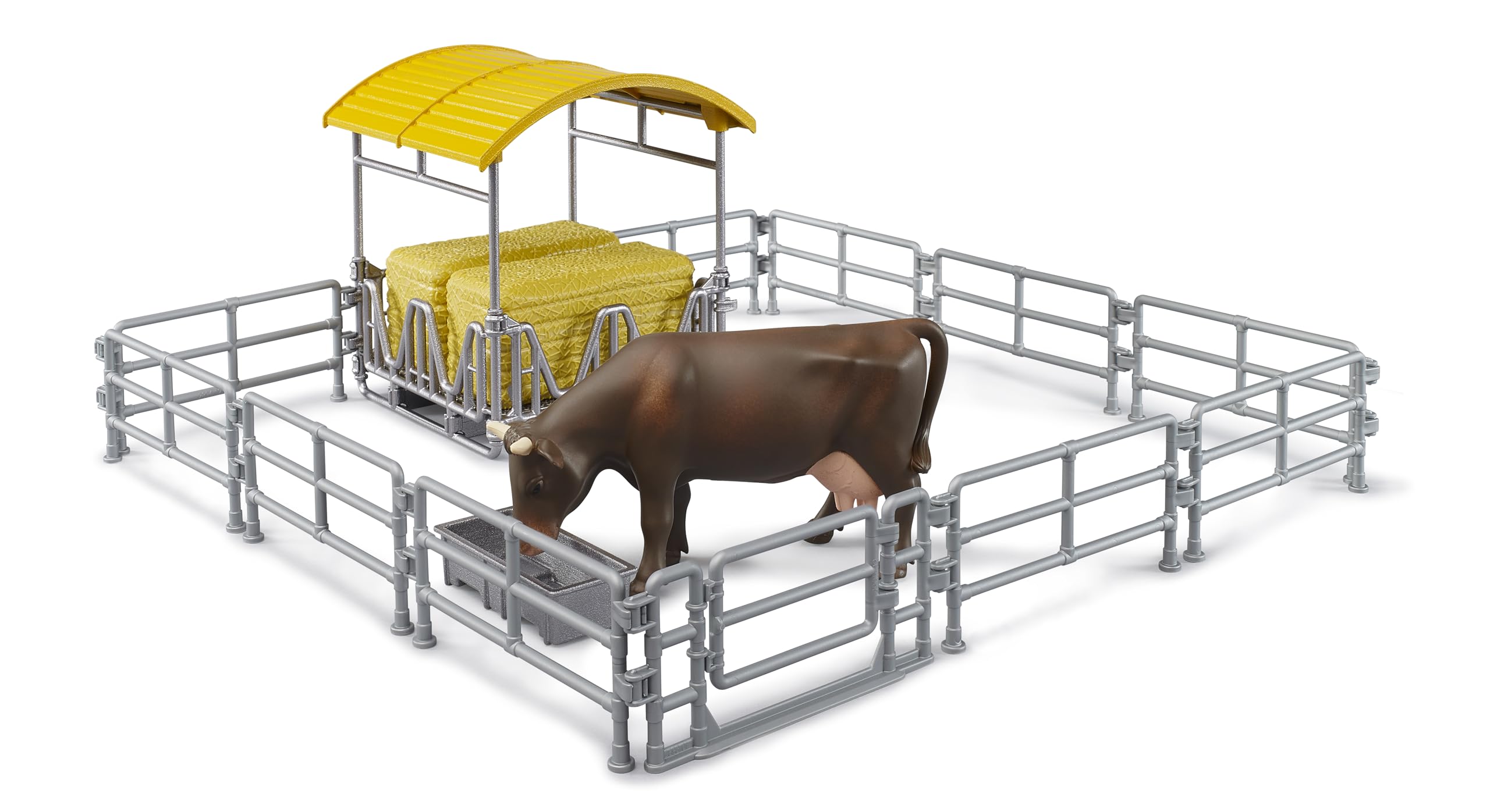 bruder 62612 - Mangiatoia con recinti, trogolo, balle quadrate e 1 bovino - Accessori per fattoria, agricoltura, mucca, giocattoli - 2