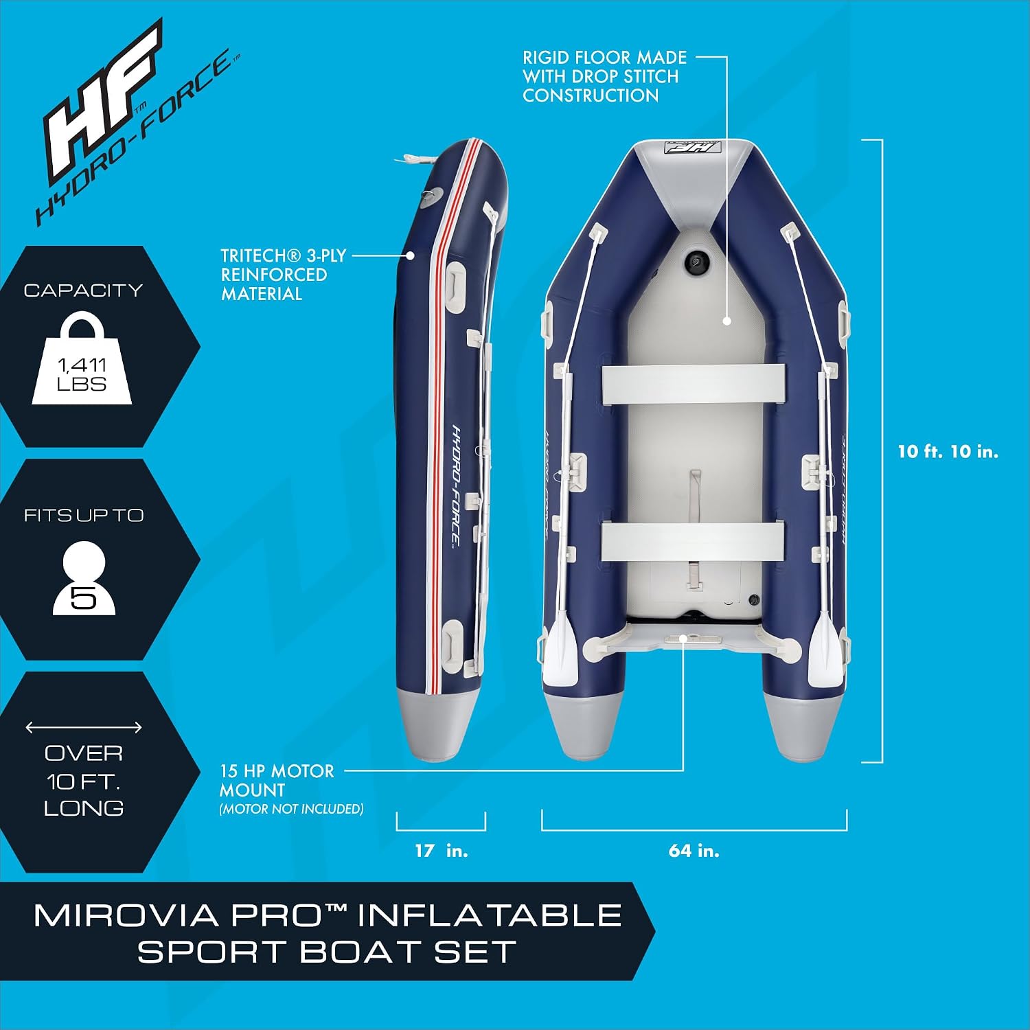 Bestway Hydro-Force Mirovia Pro Inflatable 5 Person Outdoor Water Lake Raft Boat Set with 2 Aluminum Oars, Hand Pump, Pressure Gauge, and Repair Patch