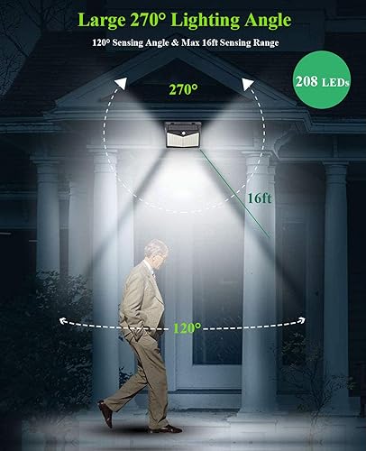 Miniatura 2 de Luz solar de pared para exteriores, paquete de 2 208 LED, luz de seguridad con sensor de movimiento súper brillante con 3 modos, luz de pared