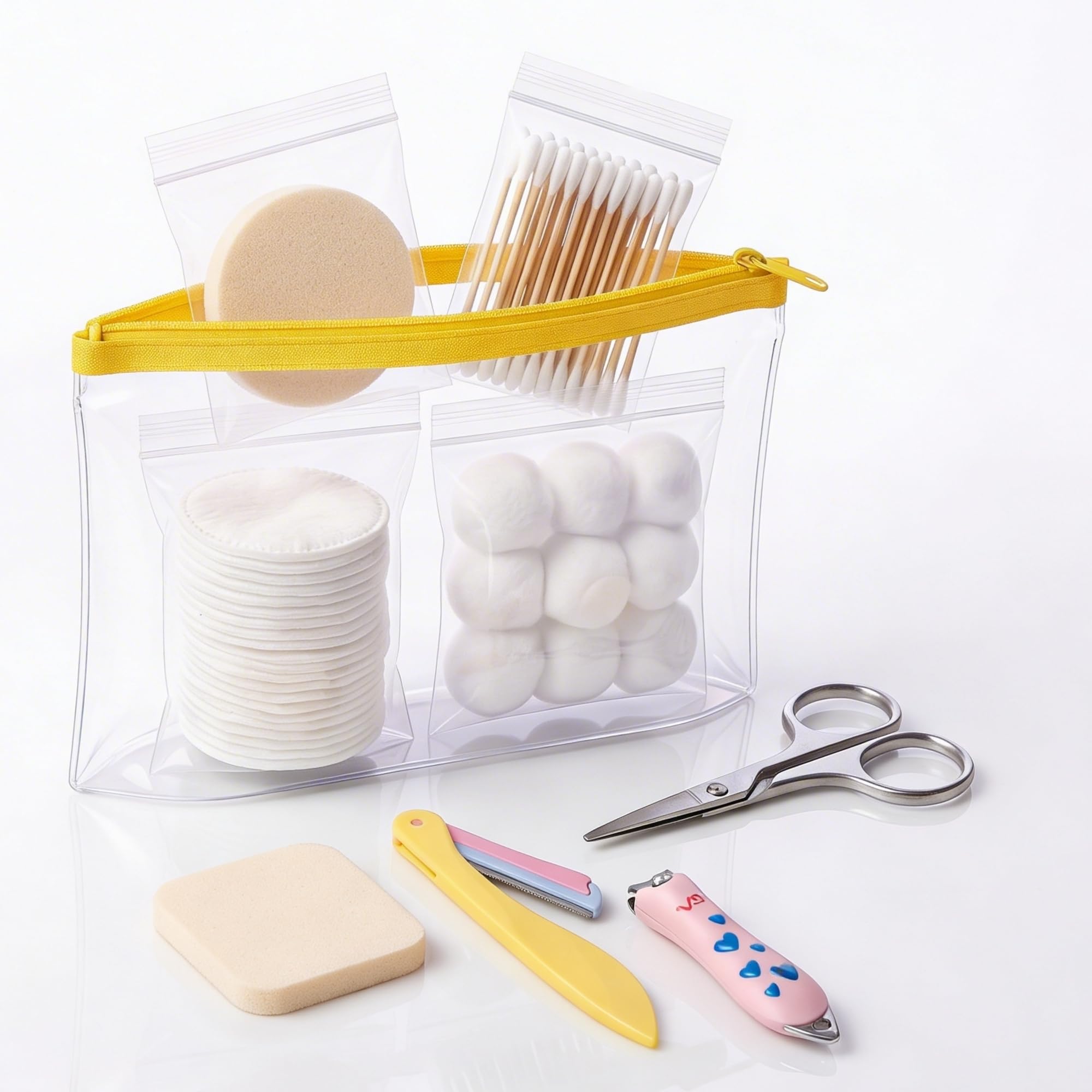 Portable Grooming Kit for College Girls & Working Women | Pack of 8 Set | Travel Friendly Makeup Remover Combo with Nail Clipper, Metal Scissor, Cotton Pads & Balls, Cotton Swabs, Sponges, Eyebrow Razor & Pouch-picture-25